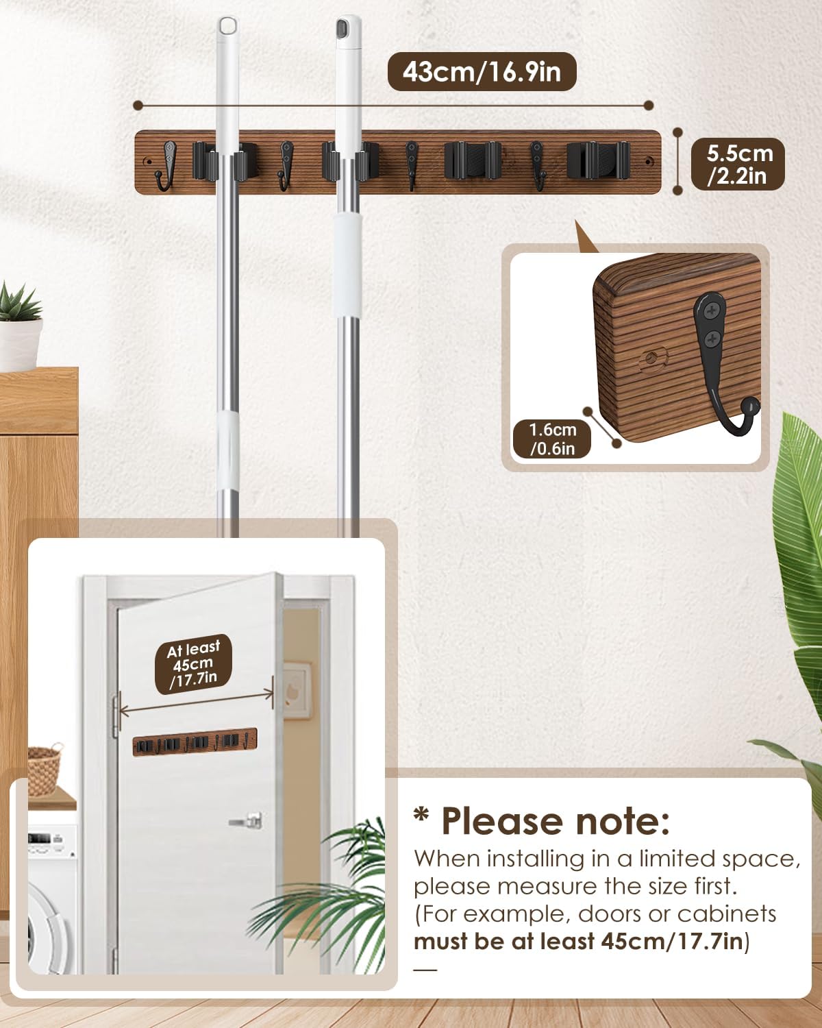 Broom Holder Wall Mounted, 4 Holders and 4 Hooks Mop Holder, Wooden Mop and Broom Holder with Anti slip rubber, Natural pine wood Brush Holder, Mop Wall Holde with Nail installation, Room Storage