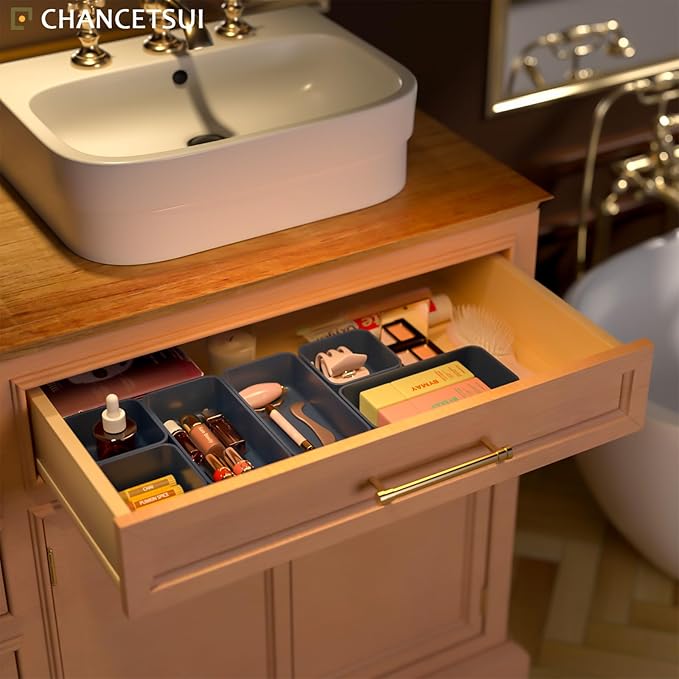 6 Pcs Stackable Drawer Organizer Set Desk Drawer Dividers, Bathroom Vanity Cosmetic Makeup Trays , Multipurpose Plastic Storage Bins for Jewelries, Kitchen Gadgets and Office Accessories, Blue