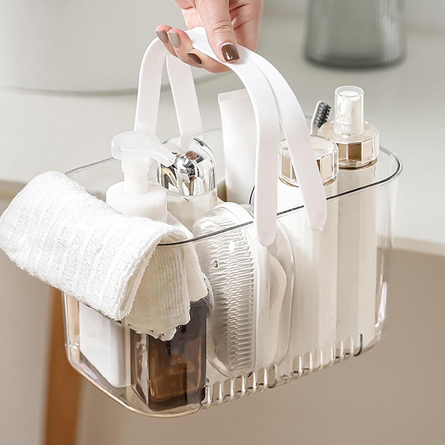 Plastic Storage Basket with Handle Portable Shower Caddy Tote Organizer Basket Bin for Bathroom, Shower Caddy Basket, Large Capacity Hollow Design Clear Shower Caddy Organizer Basket