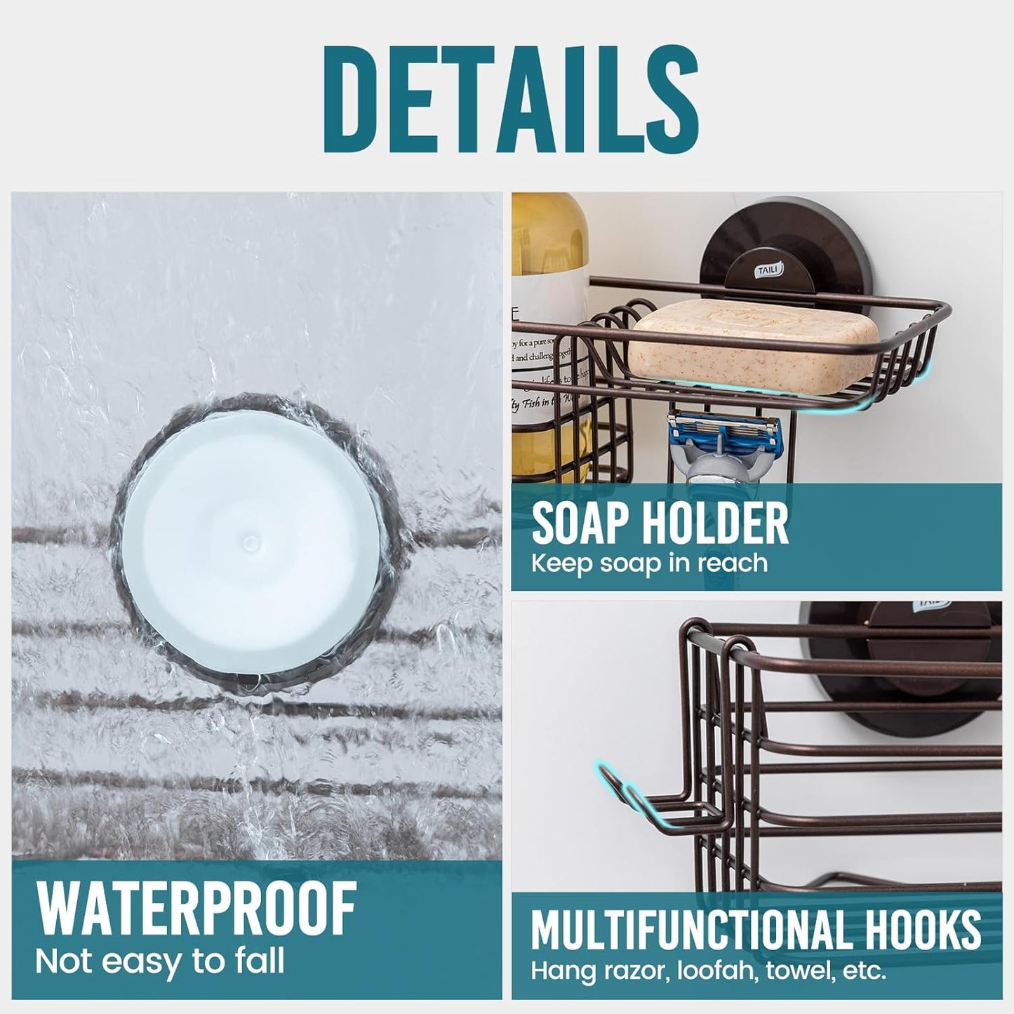 TAILI Shower Caddy Suction Cup 2 Pack with Hooks & Soap Holder, Heavy Duty Shower Organizer for Bathroom, No Drilling Bathroom Organizer with Large Capacity, Metal Storage Basket-Brown