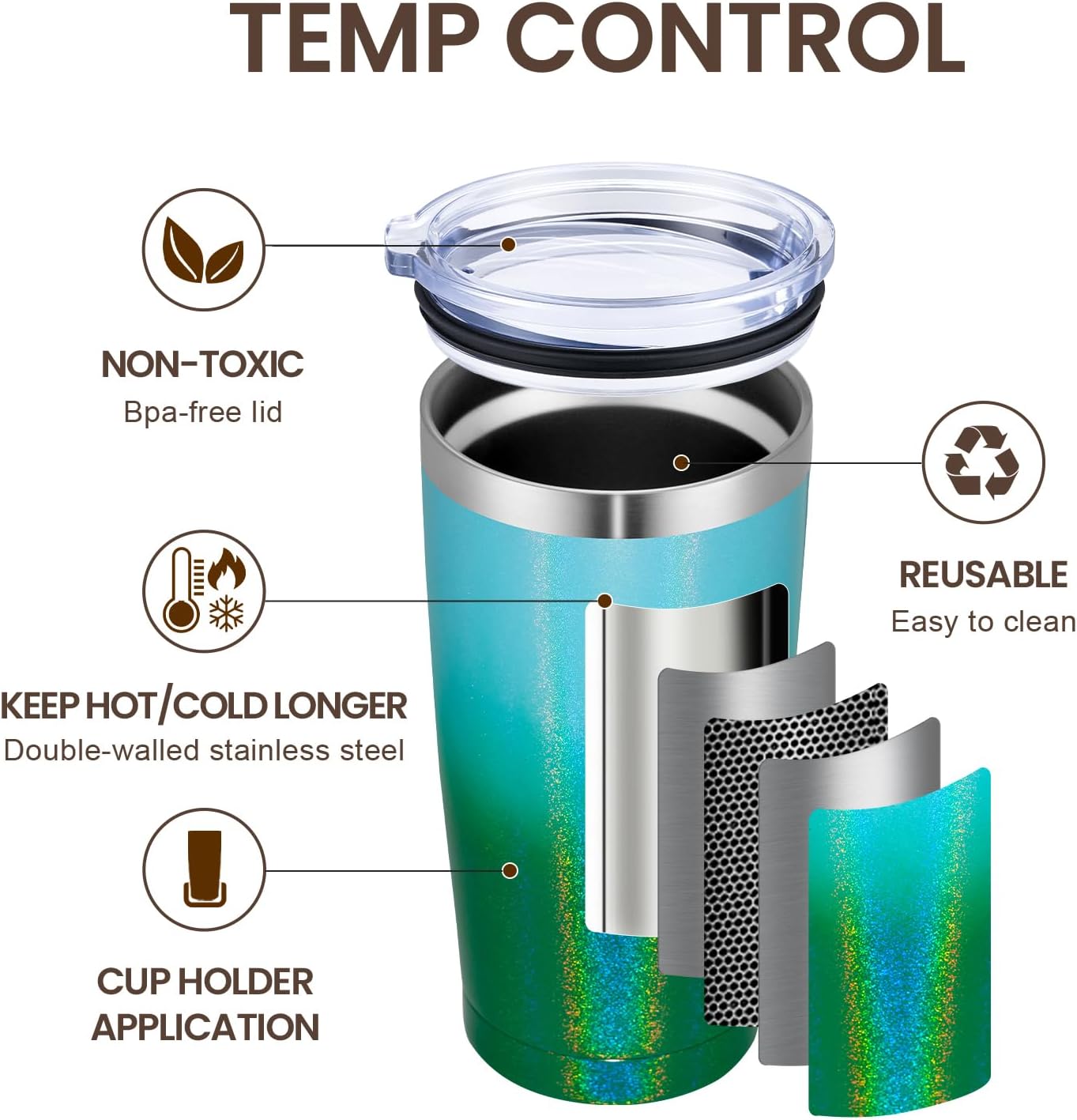 MEWAY 20oz Tumbler 8 Pack Double Wall Vacuum Insulated Travel Glitter Mug Bulk, Stainless Steel Tumblers with Lid and Straw, Powder Coated Coffee Cups for Woman(Gradient Green,Set of 8)