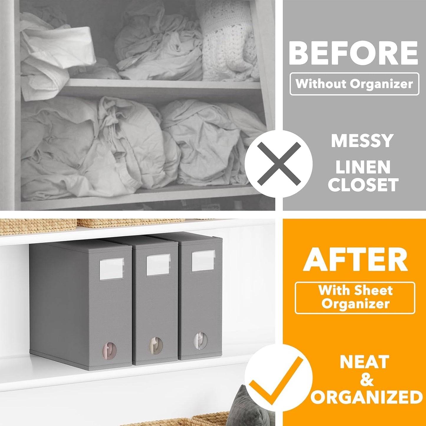 SpaceAid 3 Pack Bed Sheet Organizers and Storage, Foldable Sheet Organizer for Linen Closet, Sheets Set Folder Keeper with Window XL (Queen & King Size) Bedding Container (Gray, 3 Pack)