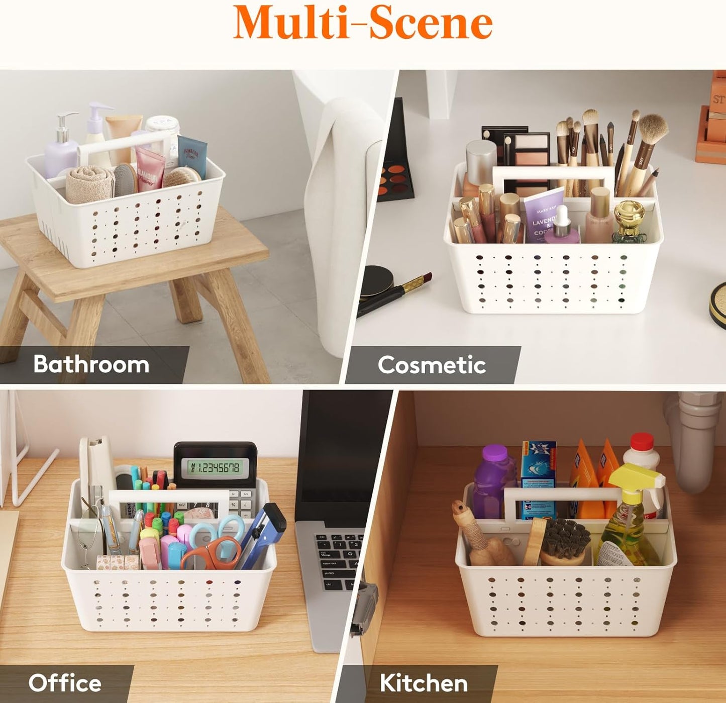 Lifewit Shower Caddy Portable, Plastic Bathroom Organizer with Handle and Holes, Hard Cleaning Basket for Toiletry Storage, College Dorm Essentials, White, 1 Pack, Small