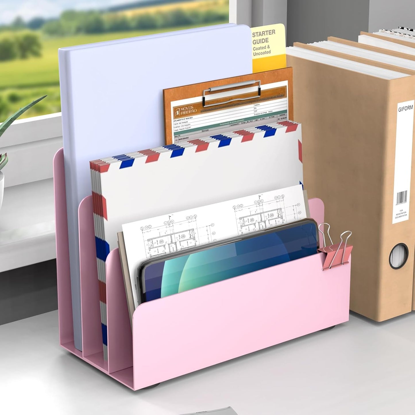 Mail Organizer Countertop, Small Desk File Organizer, Metal File Holder - Essential Workspace Organizers for Office Desk, Home Office (Pink)