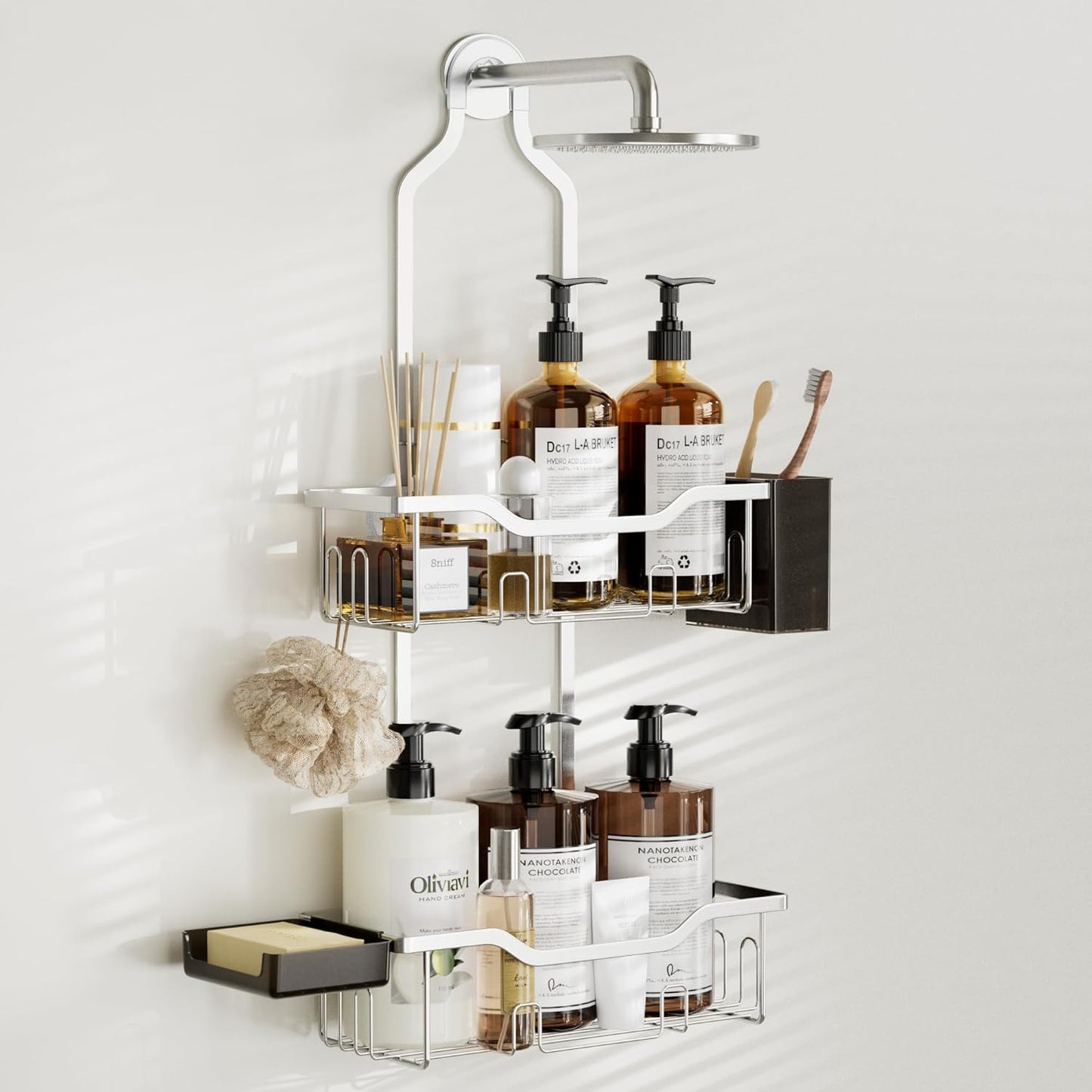 Shower Caddy Hanging 2-Tier Bathroom Organizer for Tall Showerhead with Soap Dish and Toothbrush Holder,Rustproof Over Shower Head Rack,Silver