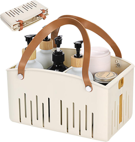 Portable Shower Caddy Collapsible Plastic Shower Basket Tote with Handles Removable Divider, Cleaning Caddy Storage Organizer for Bathroom College Dorm (White)
