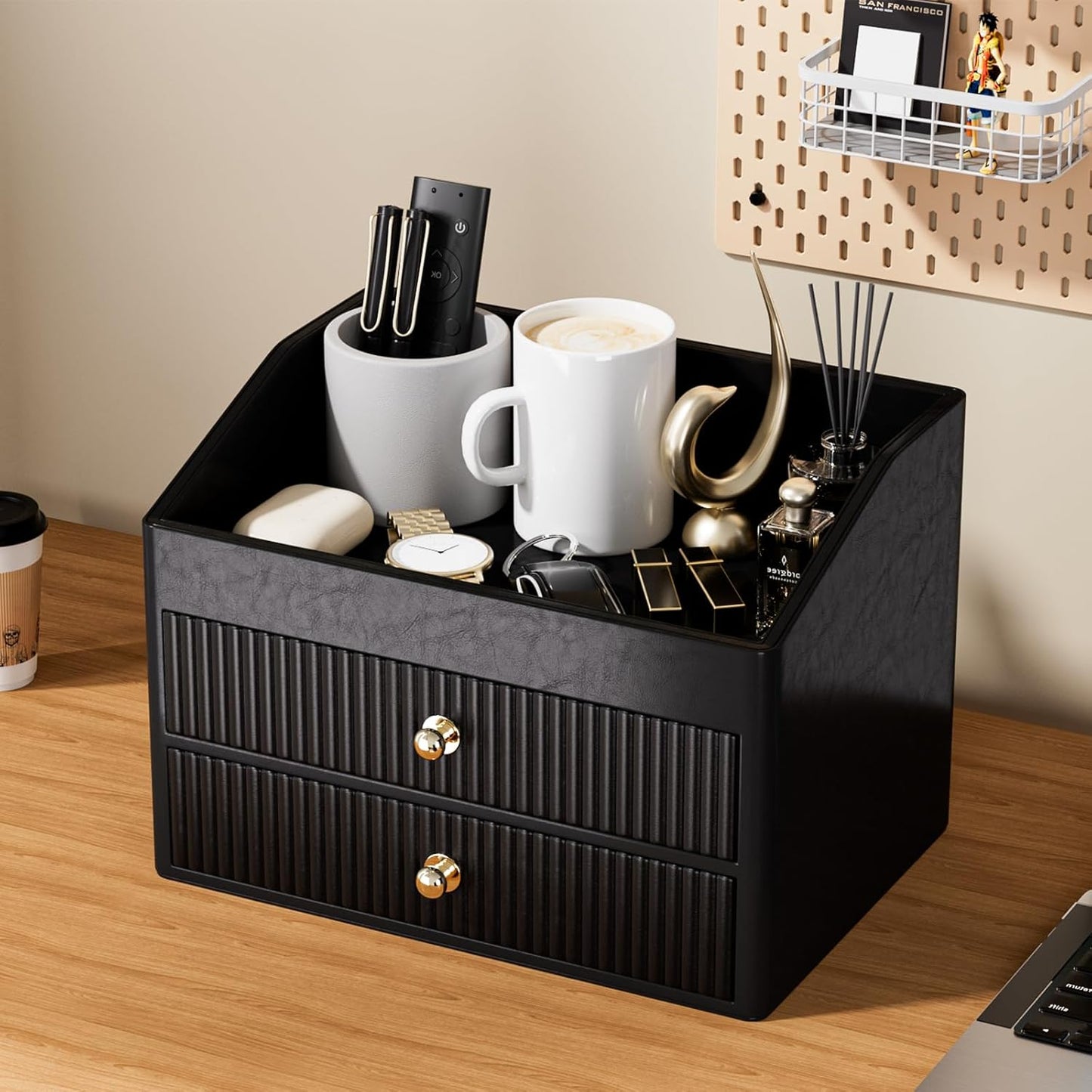 Office Supplies,Black Vegan Leather Office Organization with 2 Drawers & Tray,Glasses Holder with Gold-Tone Metal Accents Knob for End Tables,Bedside Table,Bedroom