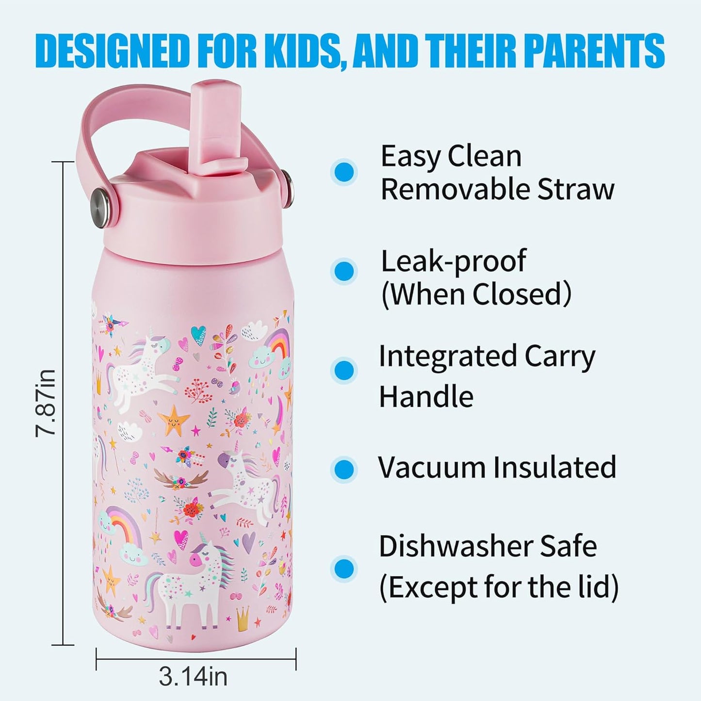 OLDLEY kids Water Bottle - 18oz Insulated Stainless Steel - Wide Straw Lid, Non Spill, Leakproof, Kids Water Bottle for School,Unicorn