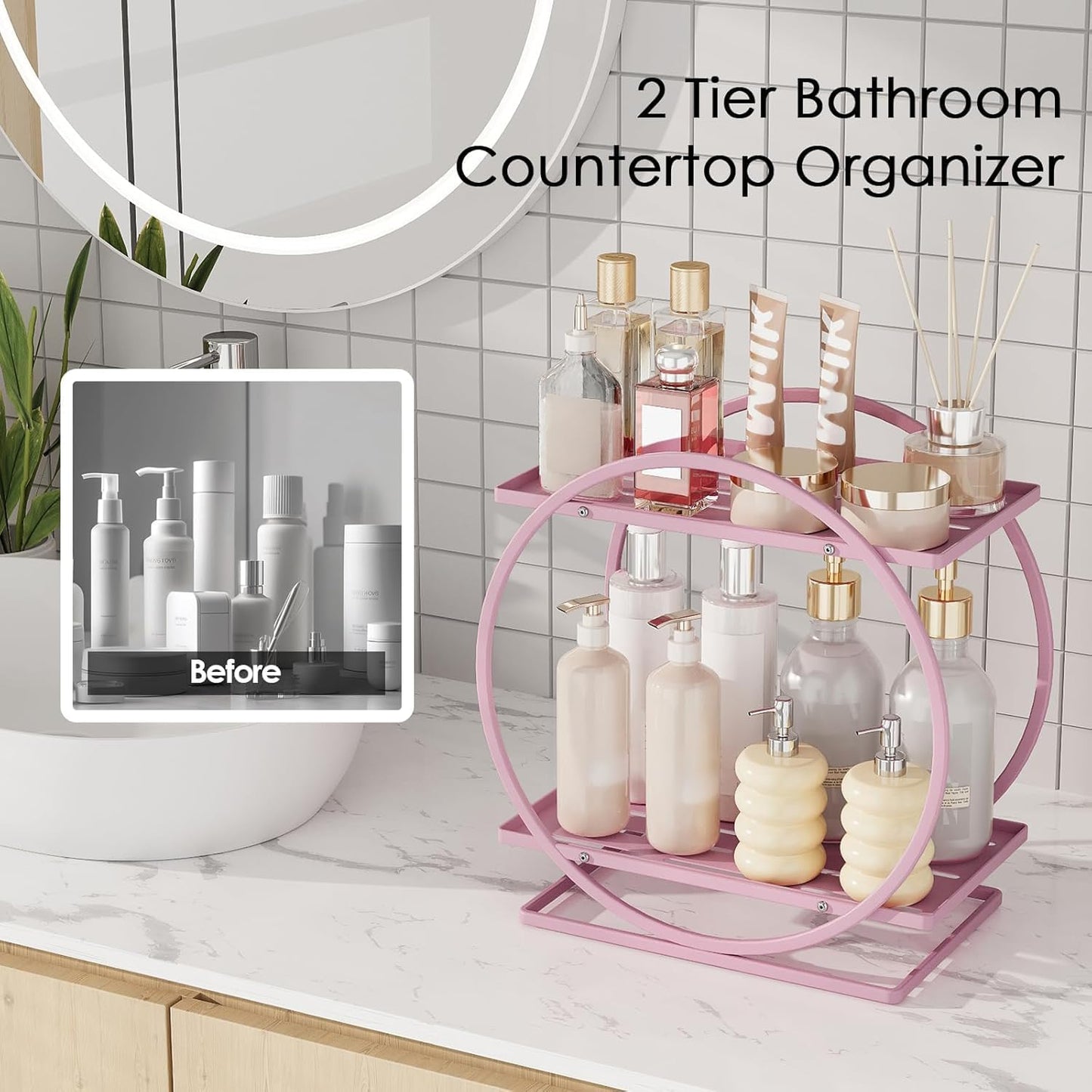 Pink Perfume Organizer for Dresser, Elegant Round Makeup Organizer Countertop, 2-Tier Bathroom Counter Organizers, Large-Capacity Metal Skincare Display Stand for Vanity Storage Bathroom Shelf