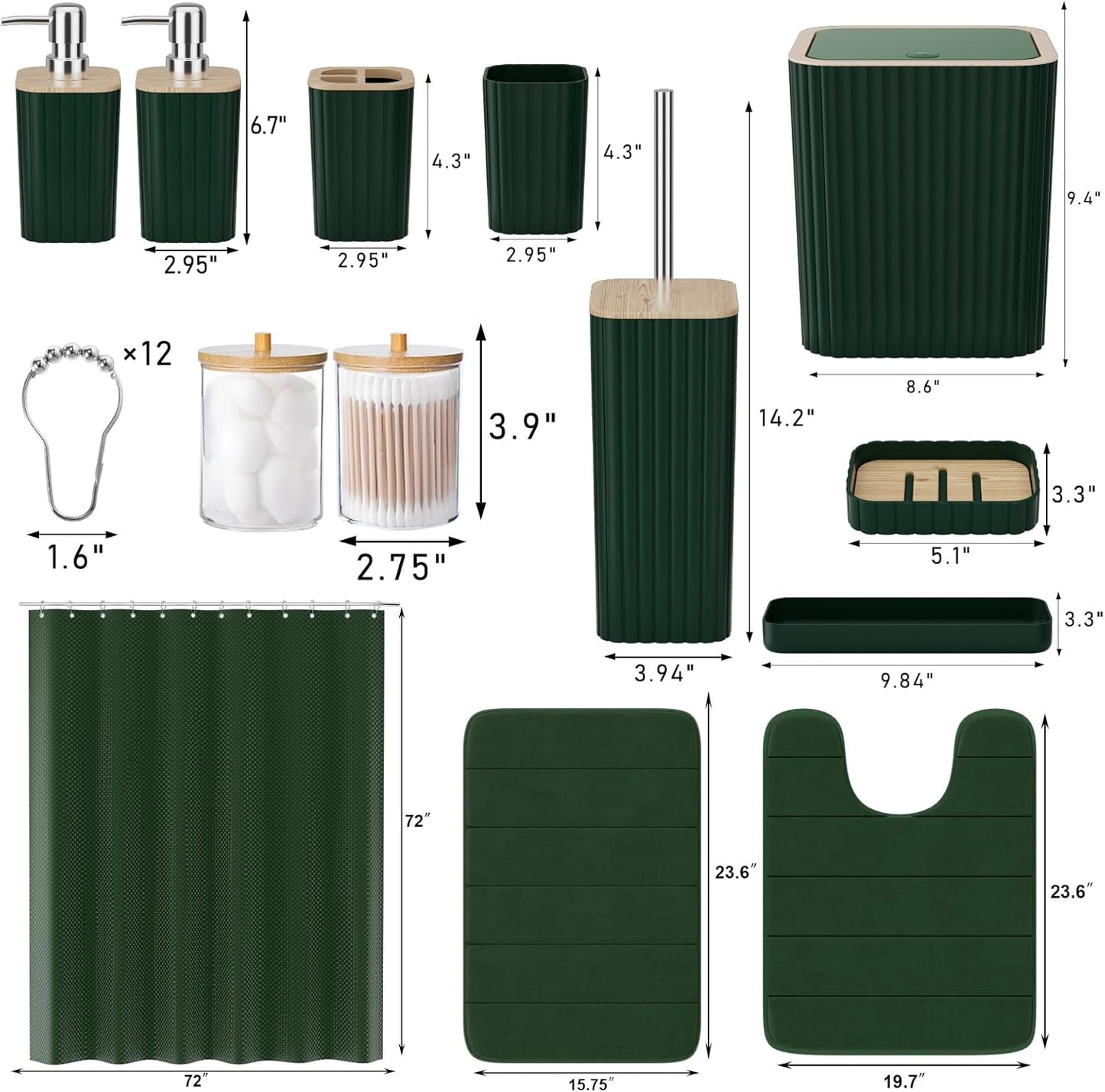 Bathroom Accessories Set - 25PC Green Bathroom Set, Bathroom Set with Shower Curtain and Rugs, Green Shower Curtain Set, Toilet Brush, Bathroom Trash Can