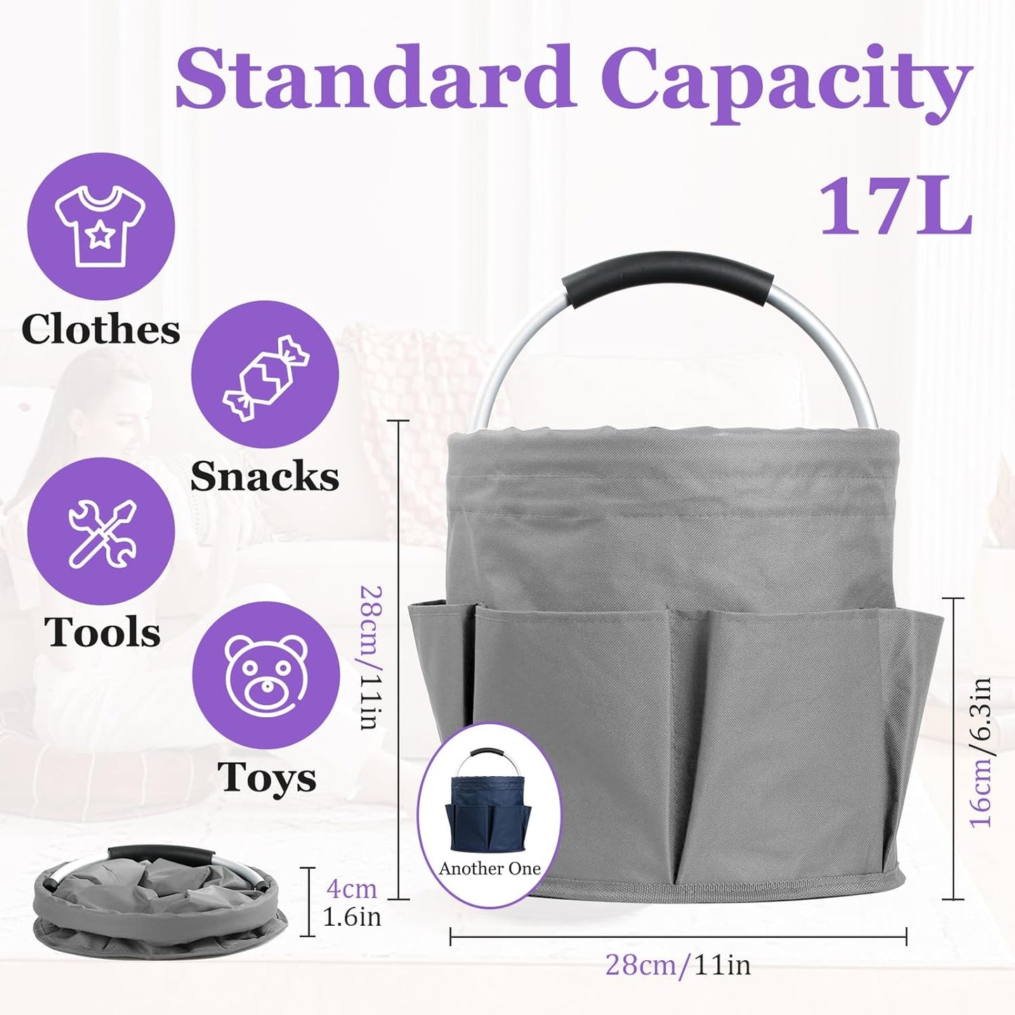 17L Cleaning Caddy for Cleaning Supplies, 2Pieces Portable Garden Tool Bag with 6 Pockets, Foldable Tool Bucket Organizer, Storage Basket for Bathroom, Garden, Dark Gray + Navy Blue