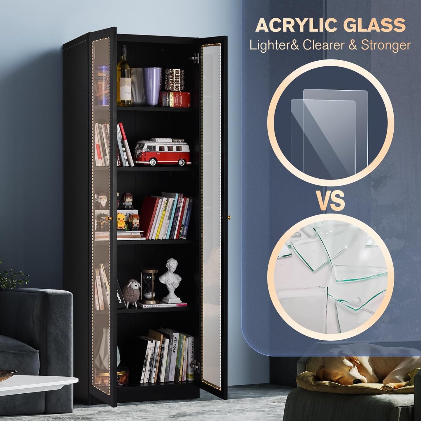 5 Tier Metal Curio Cabinets, 71" Tall Modern Bookshelf Cabinet with 4 Adjustable Shelves, Cabinet Display Case for Home Office, Living Room, Pantry, Assemble Required, Black