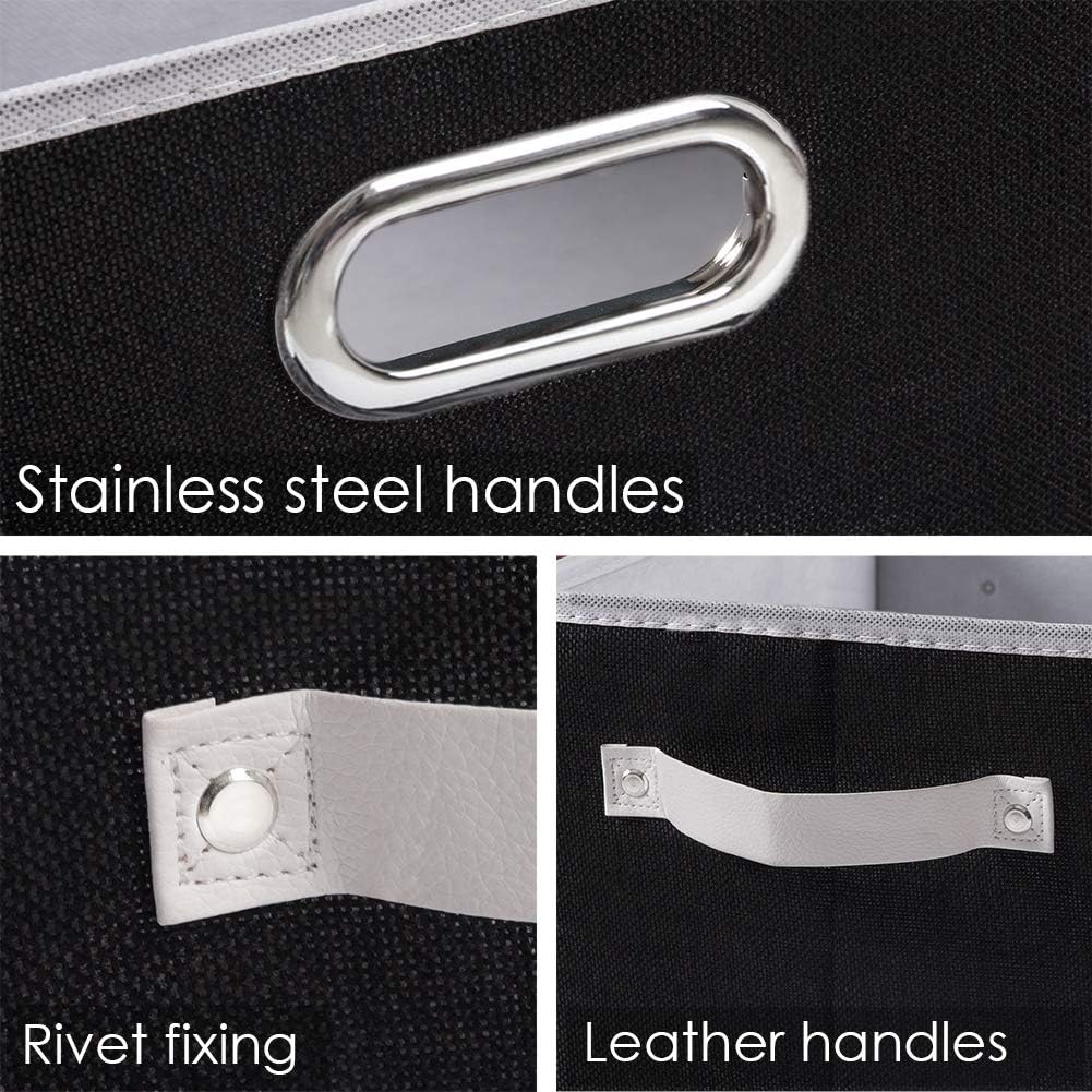 PRANDOM Larger Collapsible Storage Bins for Closet [3-pack] Decorative Linen Fabric Storage Baskets Cubes with Leather/Metal Handles for Living Room Black (17.3x12.2x10.4 Inch)