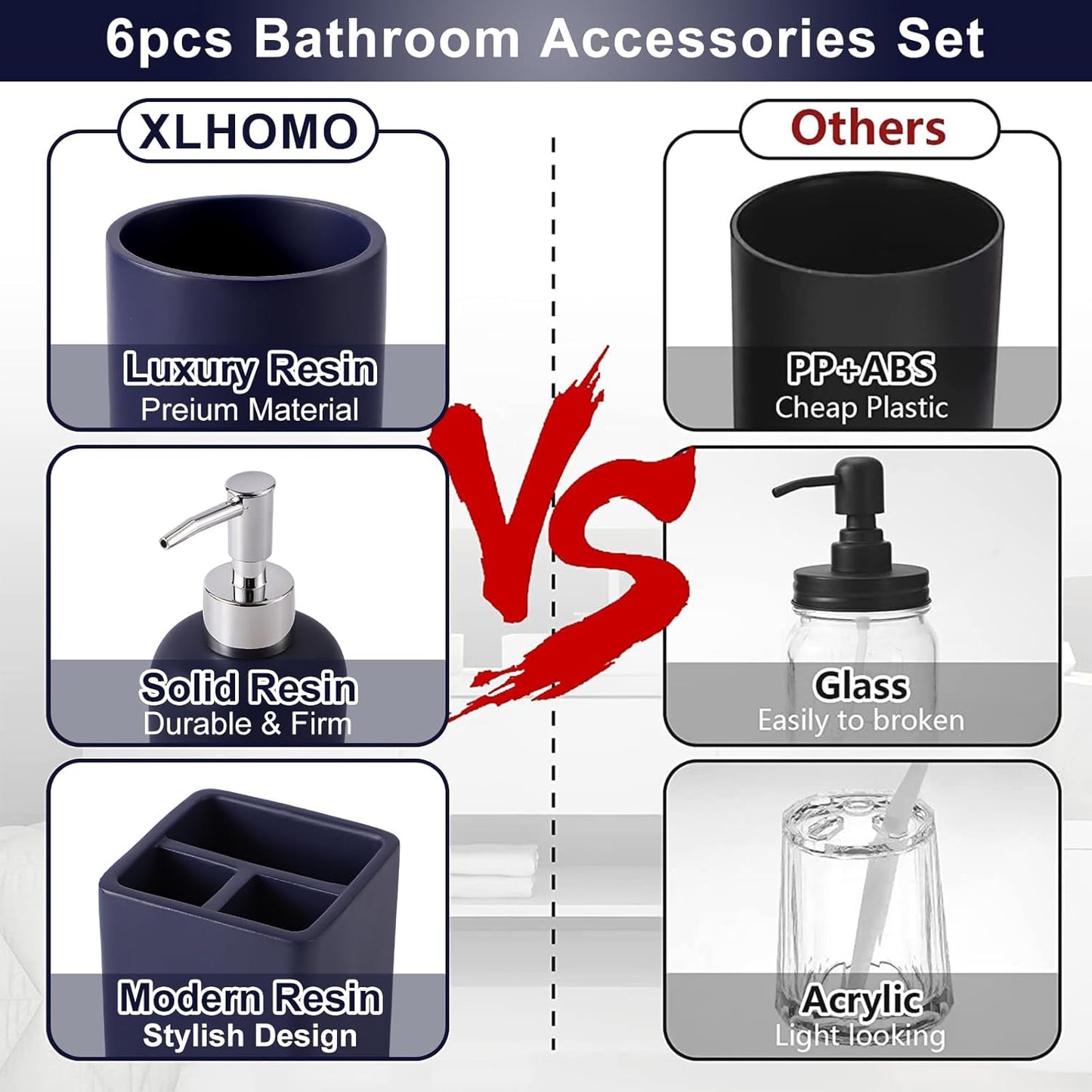 Resin 6 Pcs Navy Blue Bathroom Set Complete with Toothbrush Holder, Lotion Soap Dispenser, 2 Qtip Holder Dispensers,Vanity Tray,Bathroom Tumbler - Countertop Vanity Organizer - Bathroom Accessories