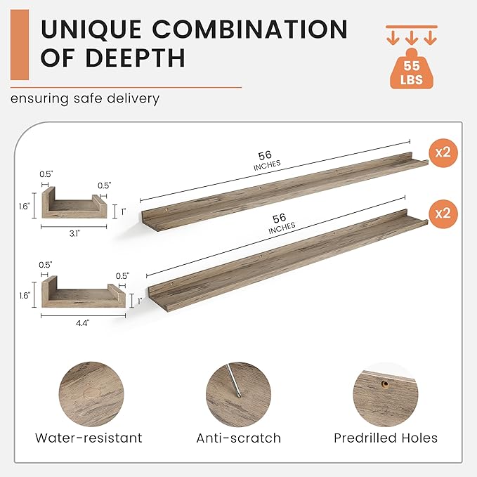 Floating Picture Ledge Shelves Set of 4, 56 Inch Long Large Nursery Book Shelf for Toys Storage Kids Bookshelf Wall Mounted Living Room Bedroom Decor Frames