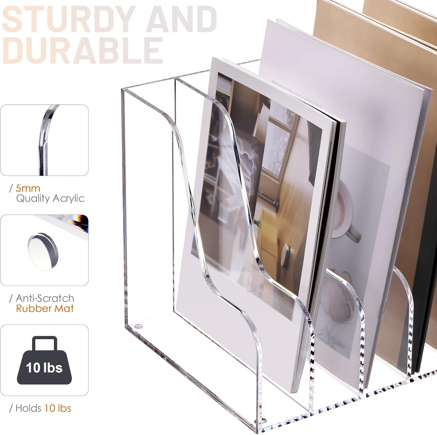 SANRUI Acrylic File Organizer, Compact Desk Organizer for Folders, Binders, Notebooks, Envelopes, Clear Magazine File Holder, 5 Section Bookshelf for School Home Office Organization, A4