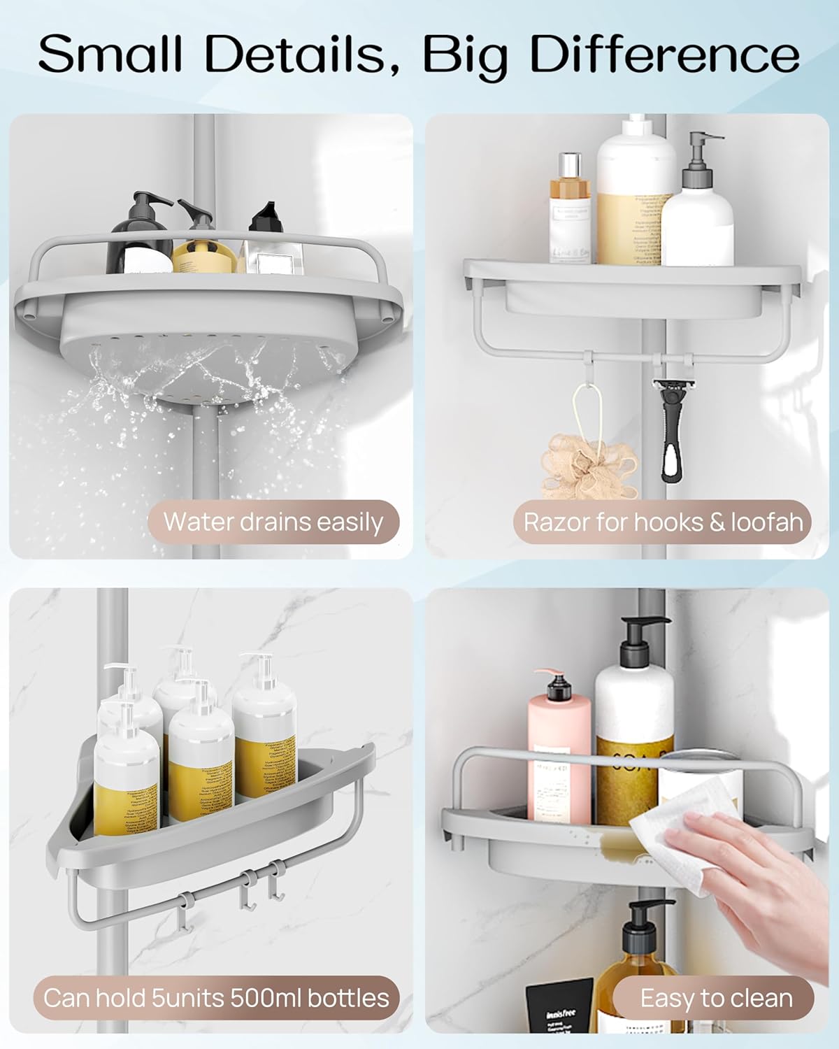 ALLZONE Rustproof Shower Caddy Corner for Bathroom,Bathtub Storage Organizer for Shampoo Accessories,4-Tier Adjustable Shelves with Tension Pole, 34 to 116 Inch, Grey