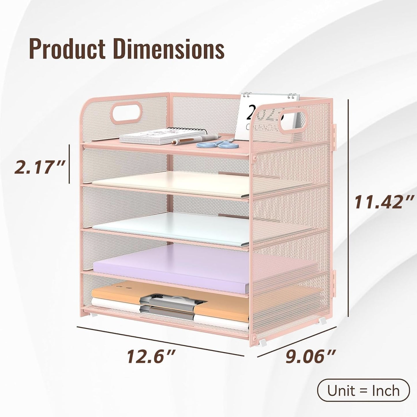 2 Pack 5-Tier Pink Desk Organizer with Handle Mesh Desk File/Paper Organizer Letter Tray for Office, School and Home Easy Installation