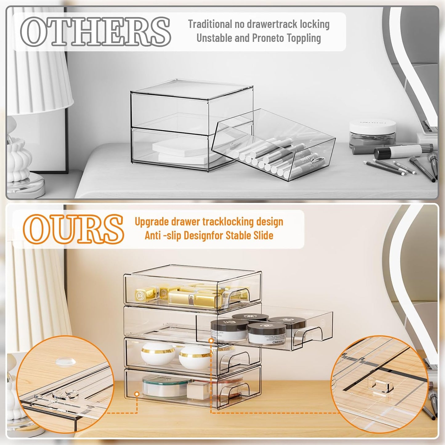 Yieach 2.2'' Tall Acrylic Clear Stackable Storage Drawer Organizer,8 Pack Desk Organization and Storage,Plastic Office Supply Organizer,Drawer Storage Organizer for Makeup,Accessory,Pen,Art Crafts