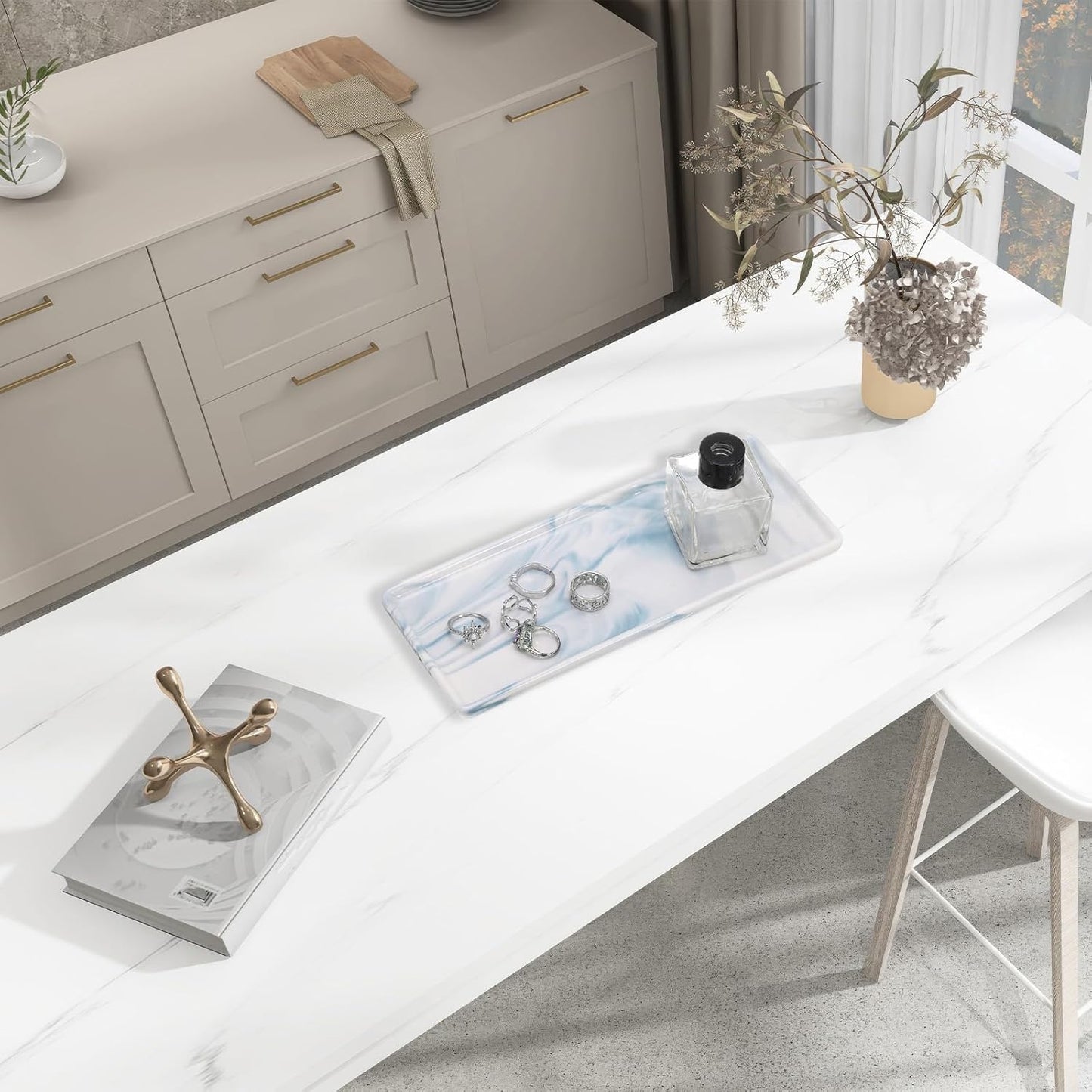 uxcell Marble Tray for Bathroom 9" Small Rectangle Ceramic Vanity Tray for Countertop Shatterproof Bathtub Soap Tray Kitchen Sink Organizer Key Trinket Ring Tray, Blue