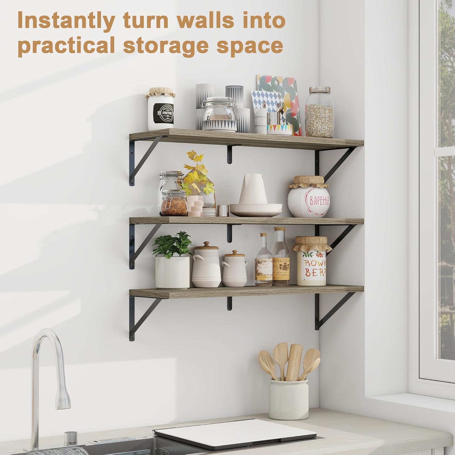 Fun Memories Floating Shelves, 32 x 8 Inches, Set of 3 Wall-Mounted Bookshelves with Metal Brackets, Decorative Storage for Home and Office (Grey)