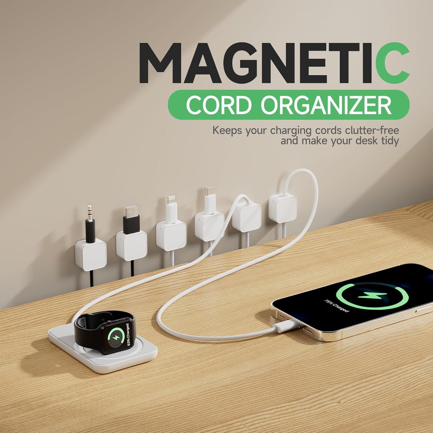 6 White Magnetic Cable Clips,Under Desk Cable Management,Cord Holder for Nightstand Home Office Car Phone Wall,2025 Adhesive Cord Organizer[0.45" in Ht Save Space/Versatile for Wire Up to 0.27" OD]