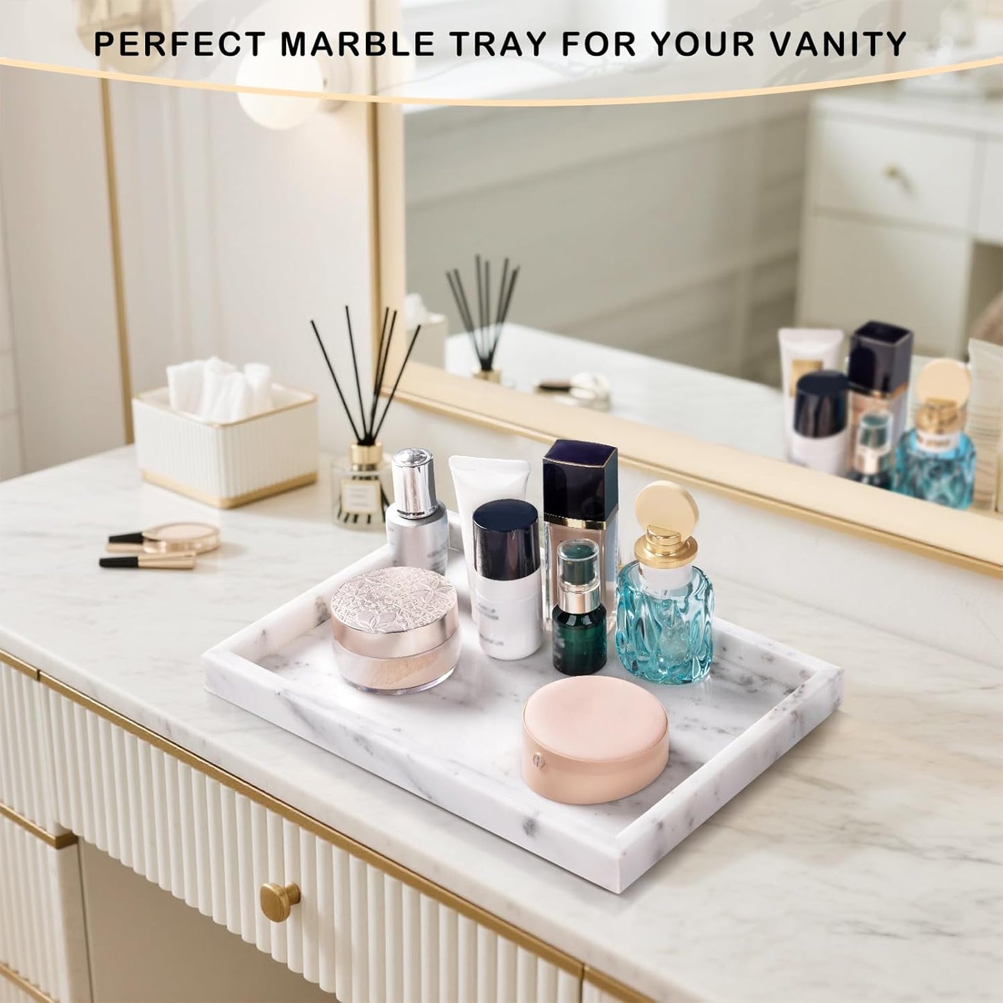 Marble Bathroom Tray for Countertop & Home Decor, Natural Decorative Marble Tray for Jewelry & Perfume Organizer, Luxury Stone Vanity Trays for Dresser, Kitchen Counter, 12" x 8", Starry White