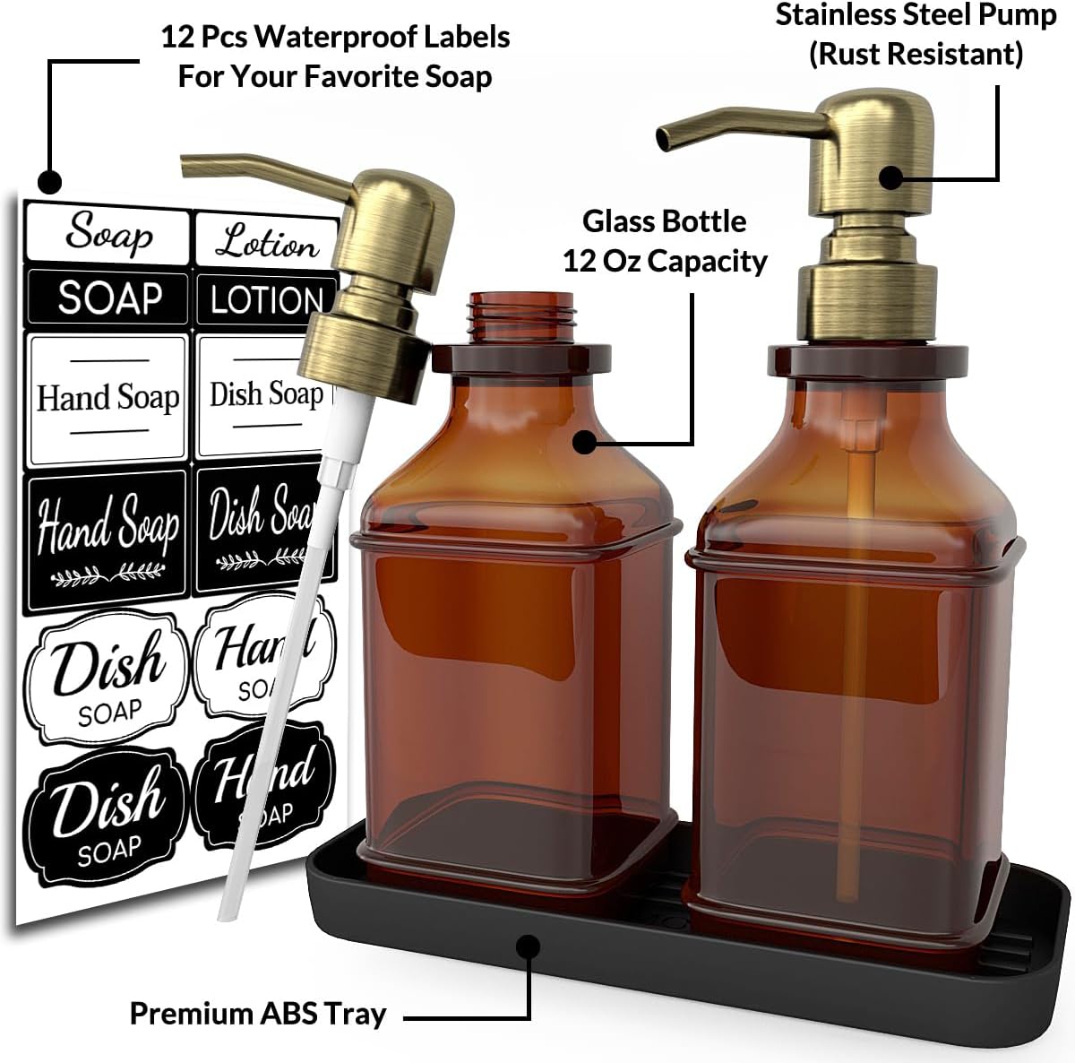 Soap Dispenser - 2 Pack, Antique Design Thick Amber Glass Hand Soap Dispensers with Sturdy Tray; 304 Rust Proof Stainless Steel Black Pump, 12Pcs Stickers, for Kitchen, Bathroom - Brushed Gold