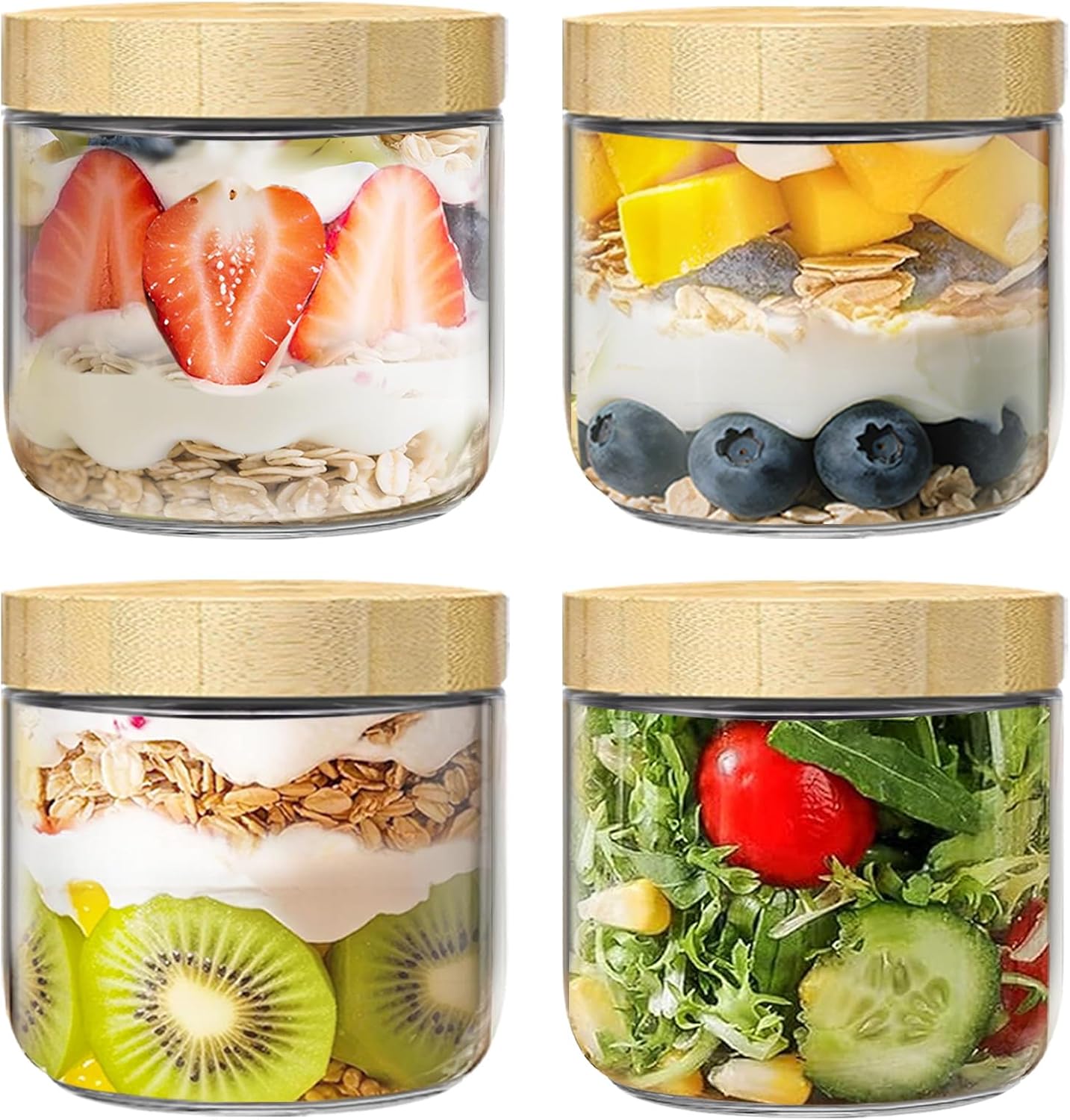 10oz Overnight Oats Containers with Bamboo Lids, Glass Jars with Airtight Lids, Wide Mouth Mason Meal Prep Jars, Food Storage Container for Yogurt Salad Chia Pudding Snacks Spice Sugar,4 Pack