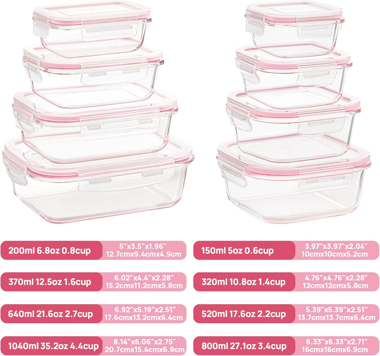 Vtopmart 8 Pack Glass Food Storage Containers with Airtight Lids, Glass Meal Prep Containers, Lunch Containers for Microwave, Oven, Freezer and Dishwasher, BPA Free