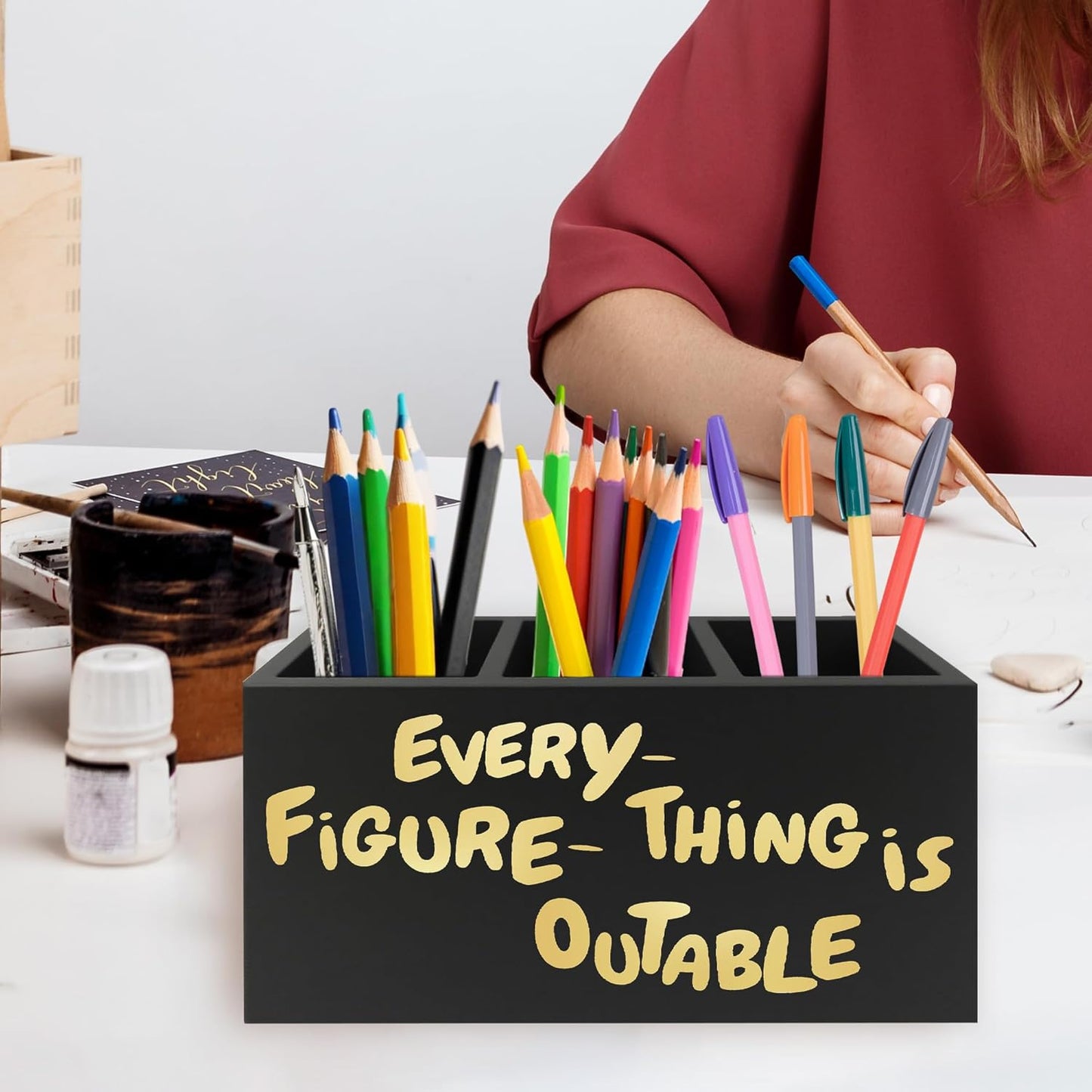 Everything Is Figureoutable Pen Pencil Holder Organizer for Desk, Inspirational Motivational Wooden Box Signs Decorations for Home Office Desk Tabletop, Inspirational Gifts
