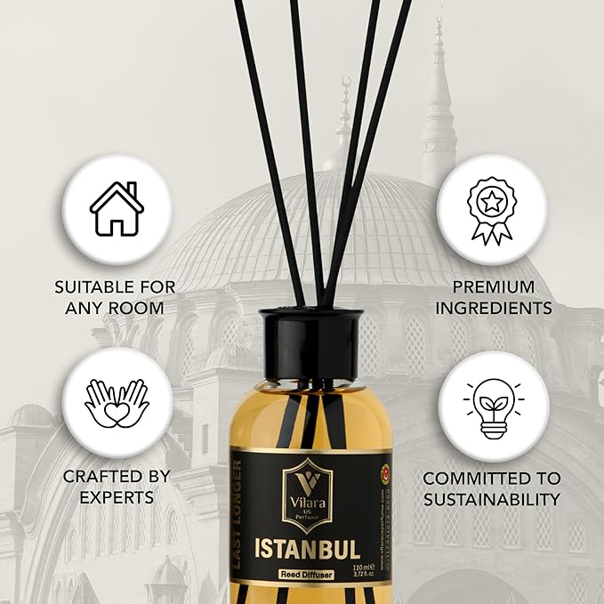 Istanbul Reed Diffuser Set - Luxury Reed Diffusers for Home - Natural Sticks, Long-Lasting Scent - Bathroom, Bedroom, Living Room Decor for Table, Shelves, Nightstand - 3.72 fl oz