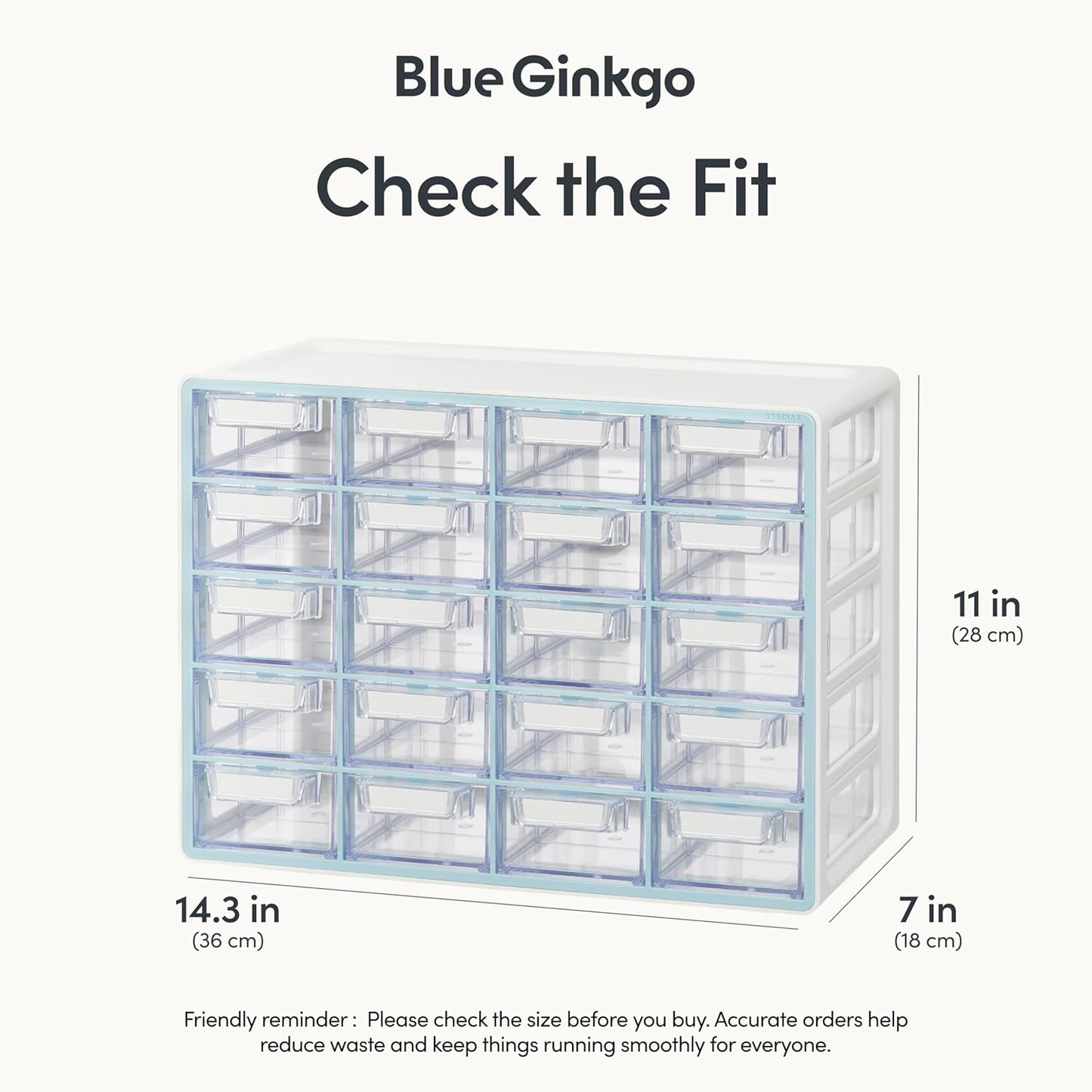 Blue Ginkgo Small 20-Drawer Cabinet – Stackable Clear Organizer for Hardware, Beads, Plastic Bricks, Office, and Craft Storage (Made in Korea, Blue)