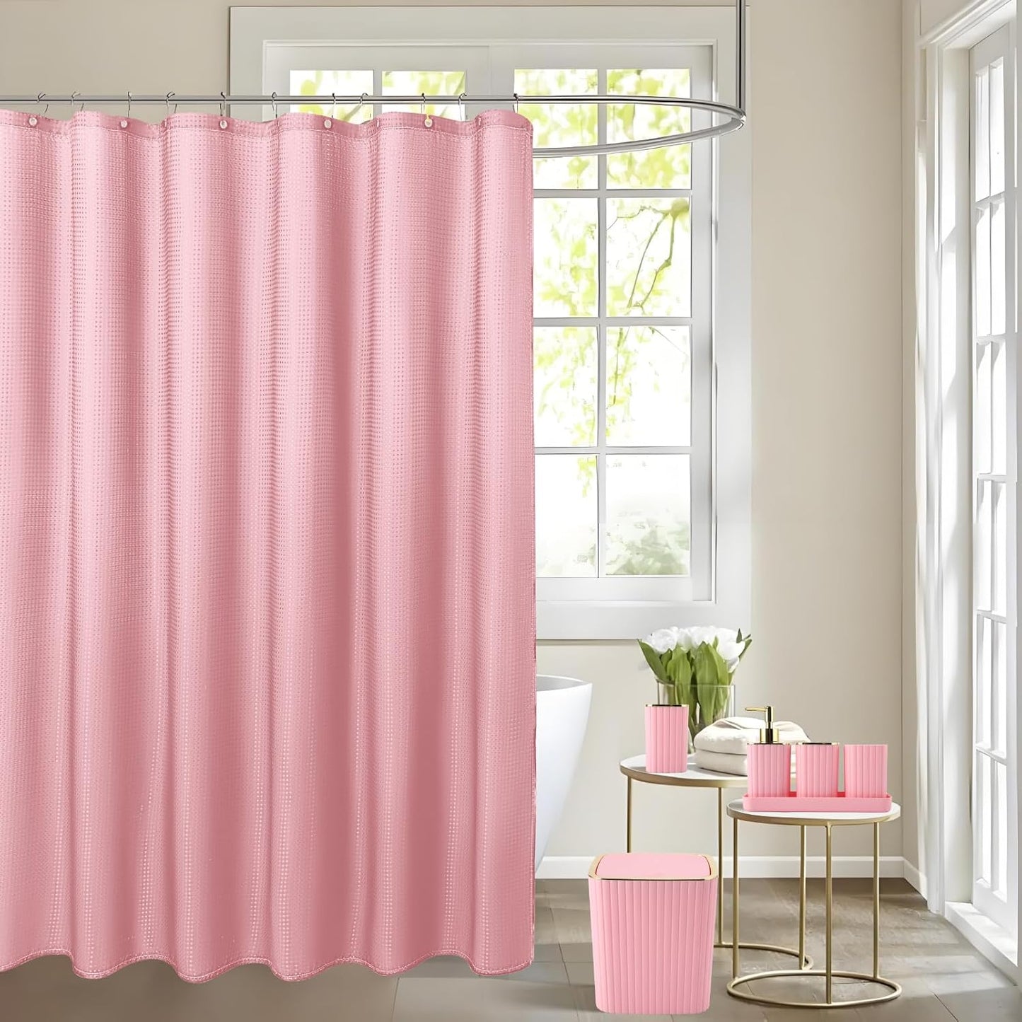 Pink Bathroom Set with Shower Curtain and Rugs- 25PC Bathroom Accessory Set, Pink Shower Curtain Set, Toilet Brush, Trash Can, Qtip Holder Dispenser & Soap Dispenser