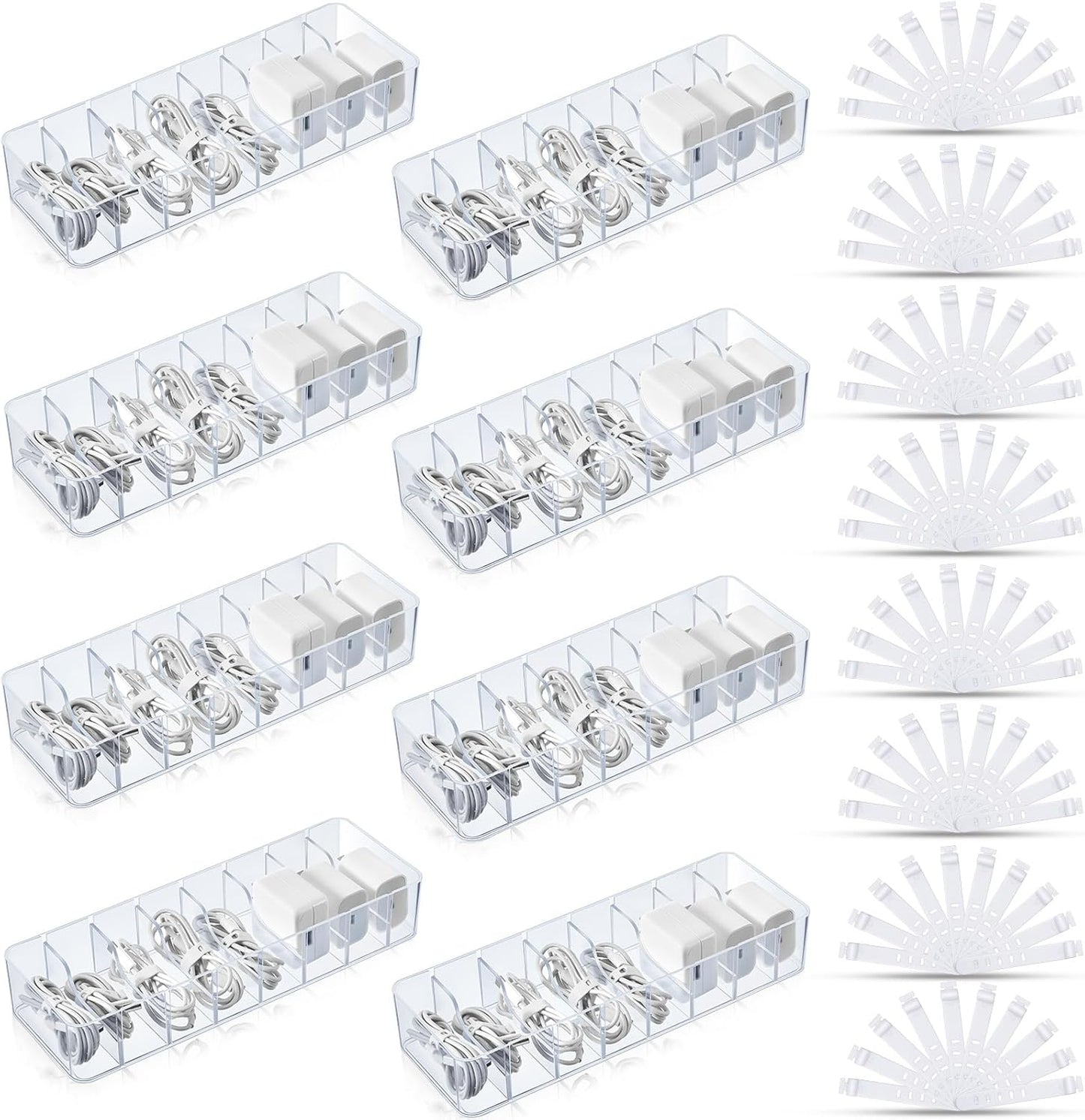 Tatuo 8 Pcs Cable Organizer with 80 Wire Ties, Plastic Cord Storage Charger Box Electronics Organizer with Adjustment Compartments Cable Storage for Drawer Home Office Desk Accessories (Clear)