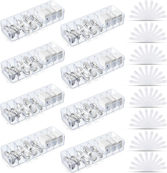 Tatuo 8 Pcs Cable Organizer with 80 Wire Ties, Plastic Cord Storage Charger Box Electronics Organizer with Adjustment Compartments Cable Storage for Drawer Home Office Desk Accessories (Clear)