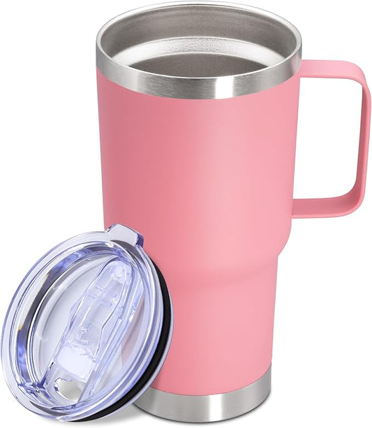 20 oz Tumbler with Handle and Lid, Stainless Steel Tumbler Insulated Travel Coffee Mug, Spill Proof Double Wall Vacuum Tumbler Cup Keep Drink Hot & Cold, Pink, 1 Pack