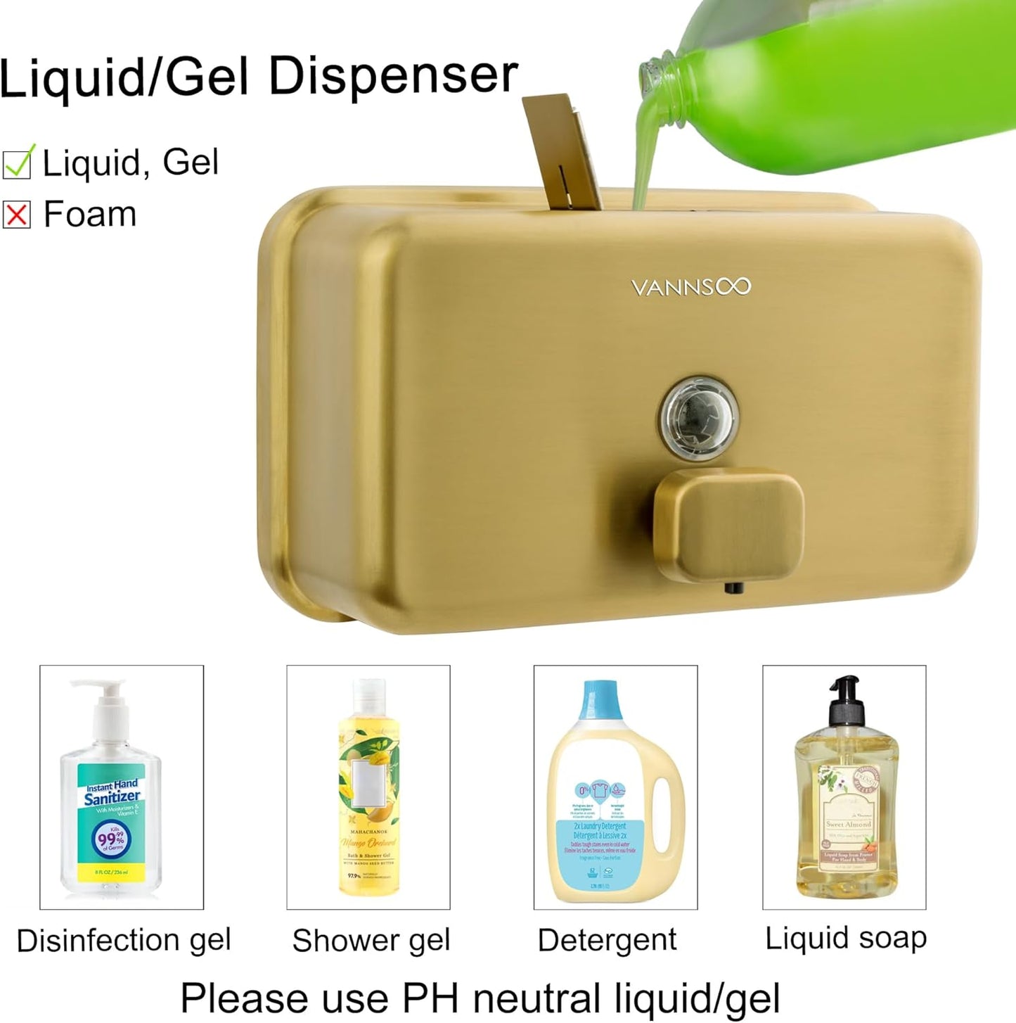 Wall Mounted Hand Soap Dispenser Bathroom, 1200ml 40oz Commercial Stainless Steel Liquid Soap Dispenser Wall Mount (Horizontal Gold)
