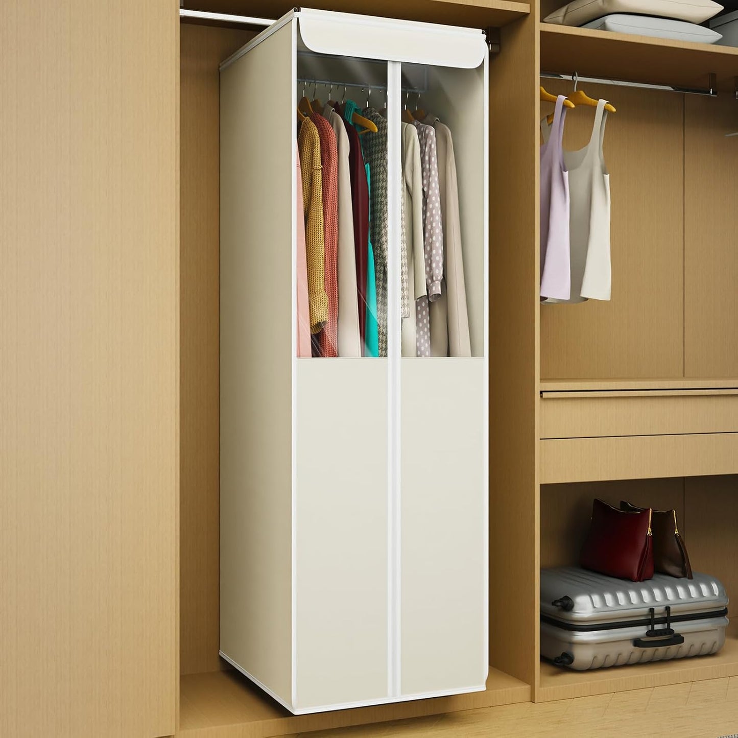 Univivi Garment Bags for Hanging Clothes, 2 Pack Large Clothes Storage Bags Closet Organizer with Clear Window, Premium Hanging Garment Storage Bag for Suits, Coats, Dresses, 54" (Beige)