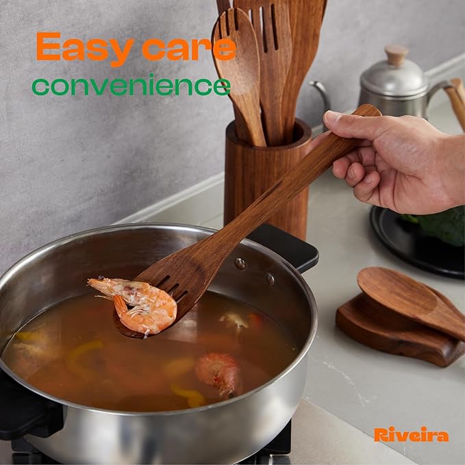 Riveira Teak Wooden Cooking Utensils Set of 3 Natural Teak Wooden Spoons & Spatula, Non-Toxic, Heat-Resistant, Scratch-Free for Non-Stick Cookware