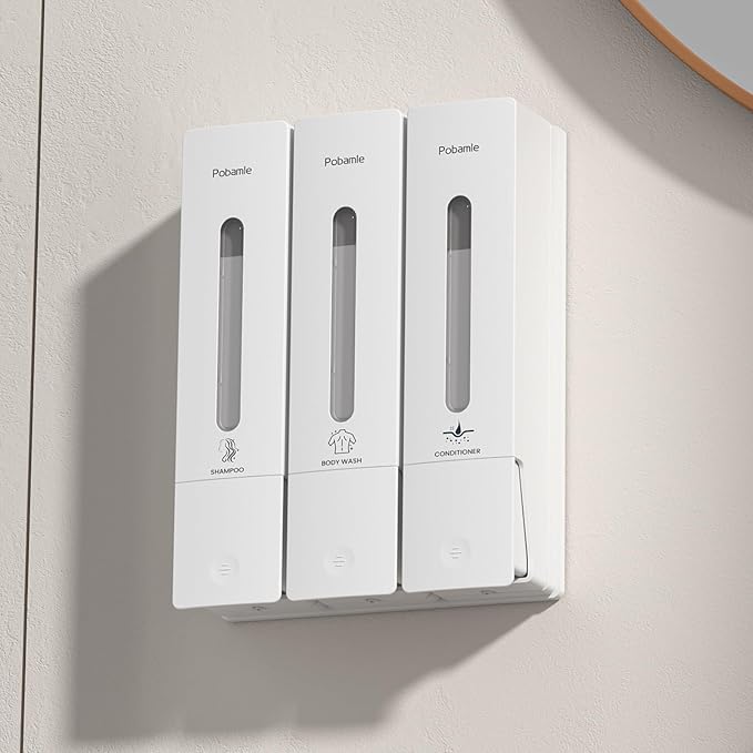 1984 Shower Soap Dispenser Bathroom Set Shampoo Conditioner Body Wash Dispenser Wall Mounted Shower Shampoo Dispenser 3 Chamber No Drill for Home Star Hotel 3 x 400ml Beige