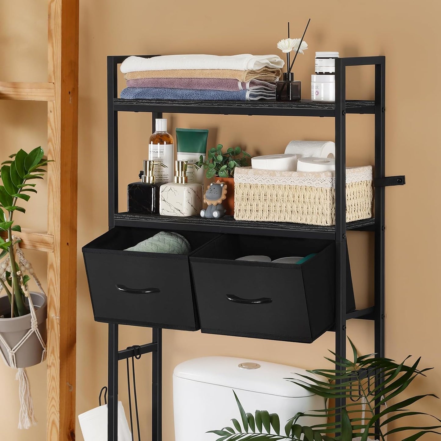 YBING Black Over The Toilet Storage Cabinet, Over Toilet Bathroom Organizer Freestanding, Above Toilet Storage Cabinet, Over Toilet Storage Shelf with Drawers