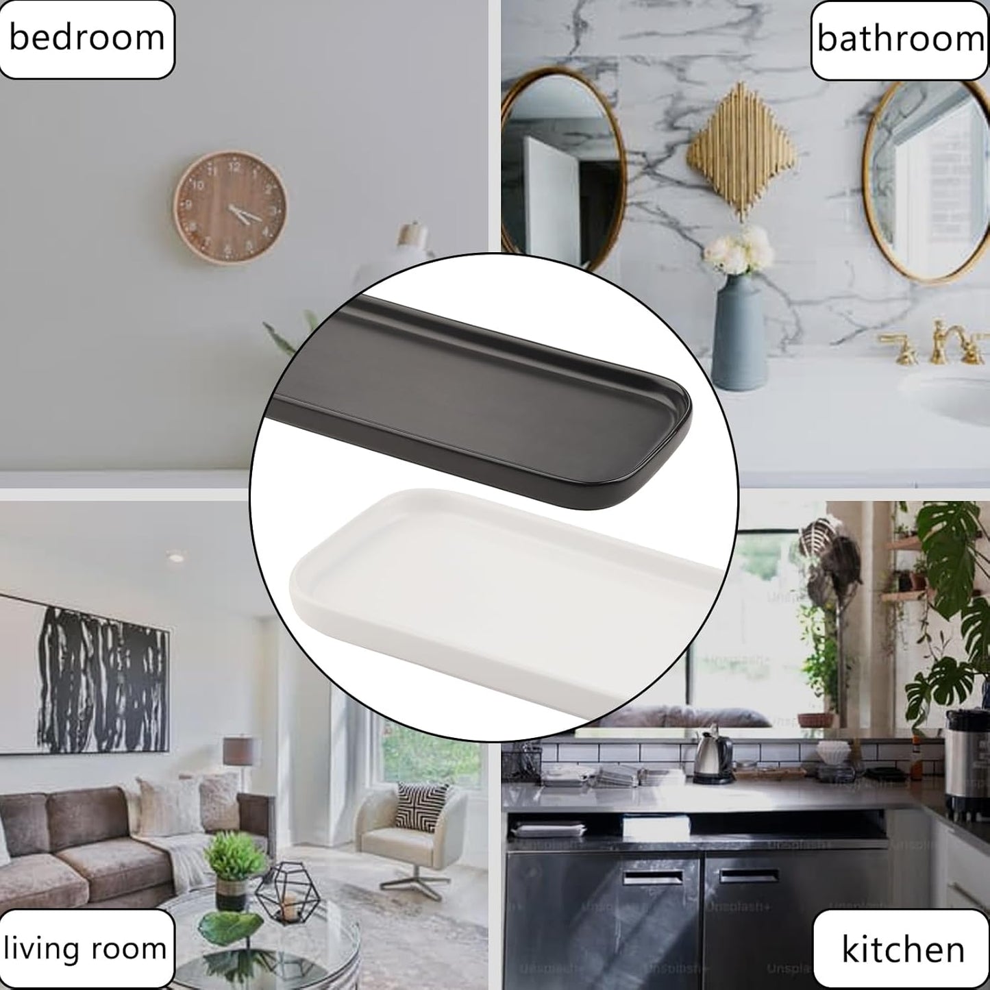 VanEnjoy Set of 2 Ceramic Tray for Kitchen Counter, Black Vanity Tray for Bathroom Counter, Long Narrow Tray for Soap Bottles