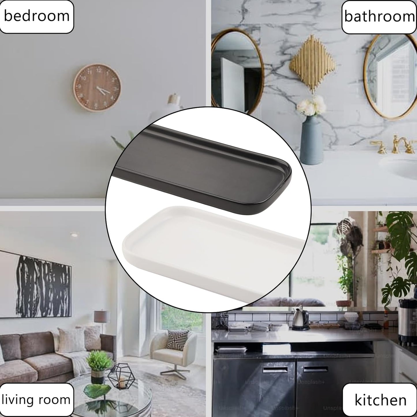 VanEnjoy Set of 2 White Ceramic Tray for Kitchen Counter, White Vanity Tray for Bathroom Counter, Long Narrow Tray for Soap Bottles