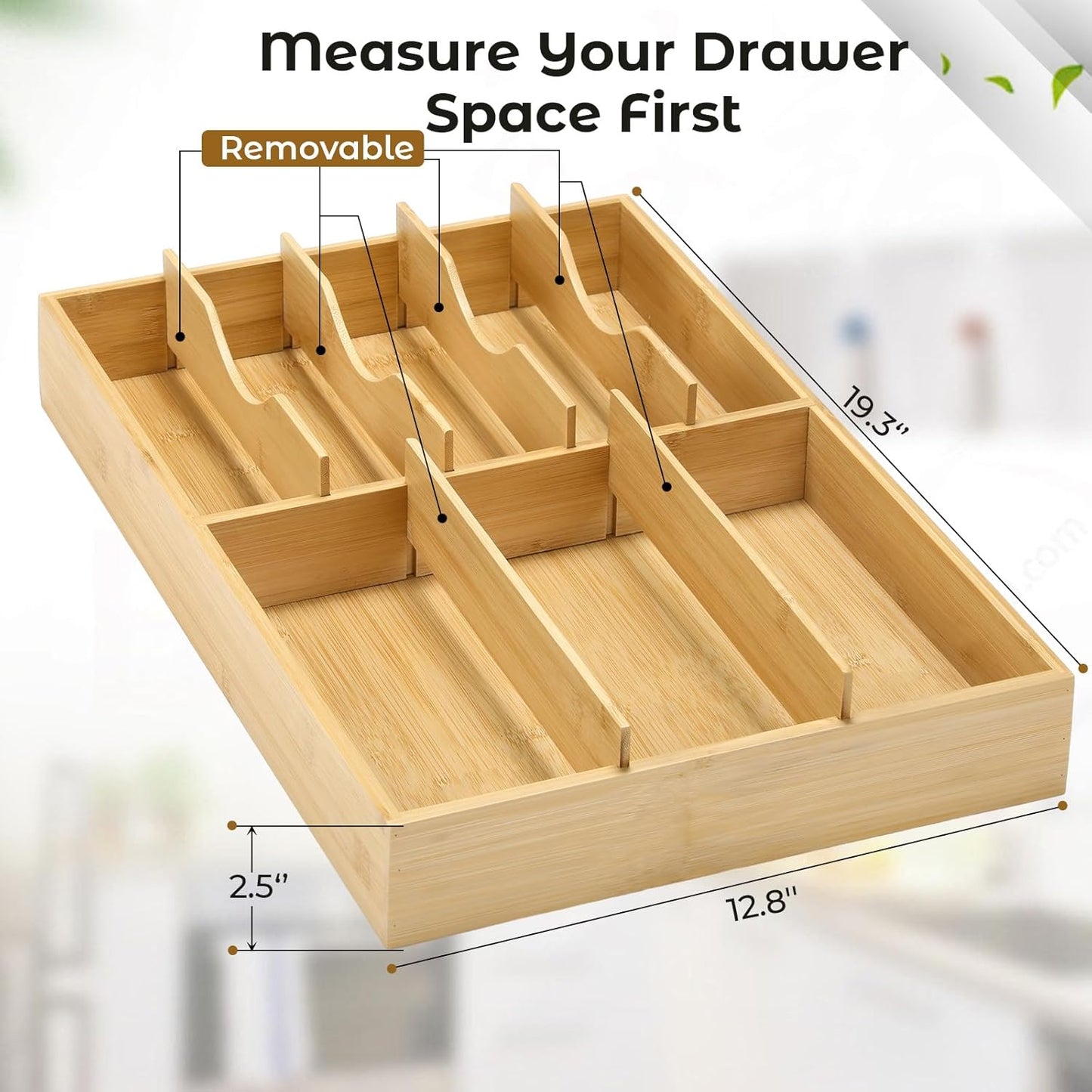 Fabsome Silverware Organizer for Kitchen Drawers, 2.5'' Deep 12.8'' Wide Bamboo Wood Flatware Tray with Deep Slots for Large Cutlery Utensil Drawer