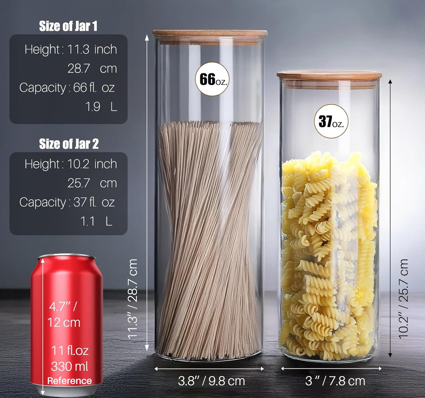 66+37 oz Glass Food Storage Jars with Airtight Lids, Tall Clear Glass Jar with Bamboo Lid, Airtight Food Canister for Pasta, Candy, Coffee, Sugar, Cookie, Snack. (Round | 10+11 Inch)