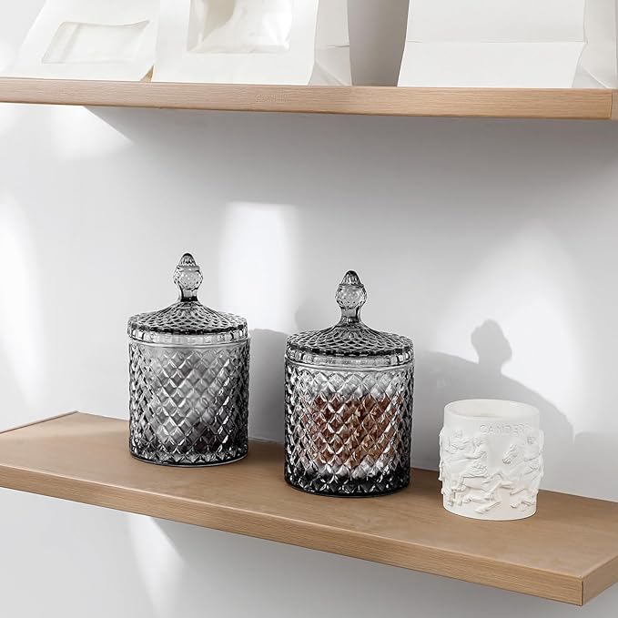 rejomiik 2 Pack Qtip Holder Glass Apothecary Jars with Lid for Bathroom Canisters Dispenser Decor Storage Organizer for Cotton Swabs, Balls, Pads, Floss Picks, Candy, Grey