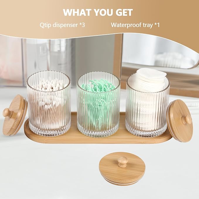 3 Pack Qtip Holder - Bathroom Organizers and Storage, Cotton Round Holder Floss Pick Cotton Ball Holder Swab Dispenser Set with Tray, Glass Apothecary Jars with Lids, -sw clear y