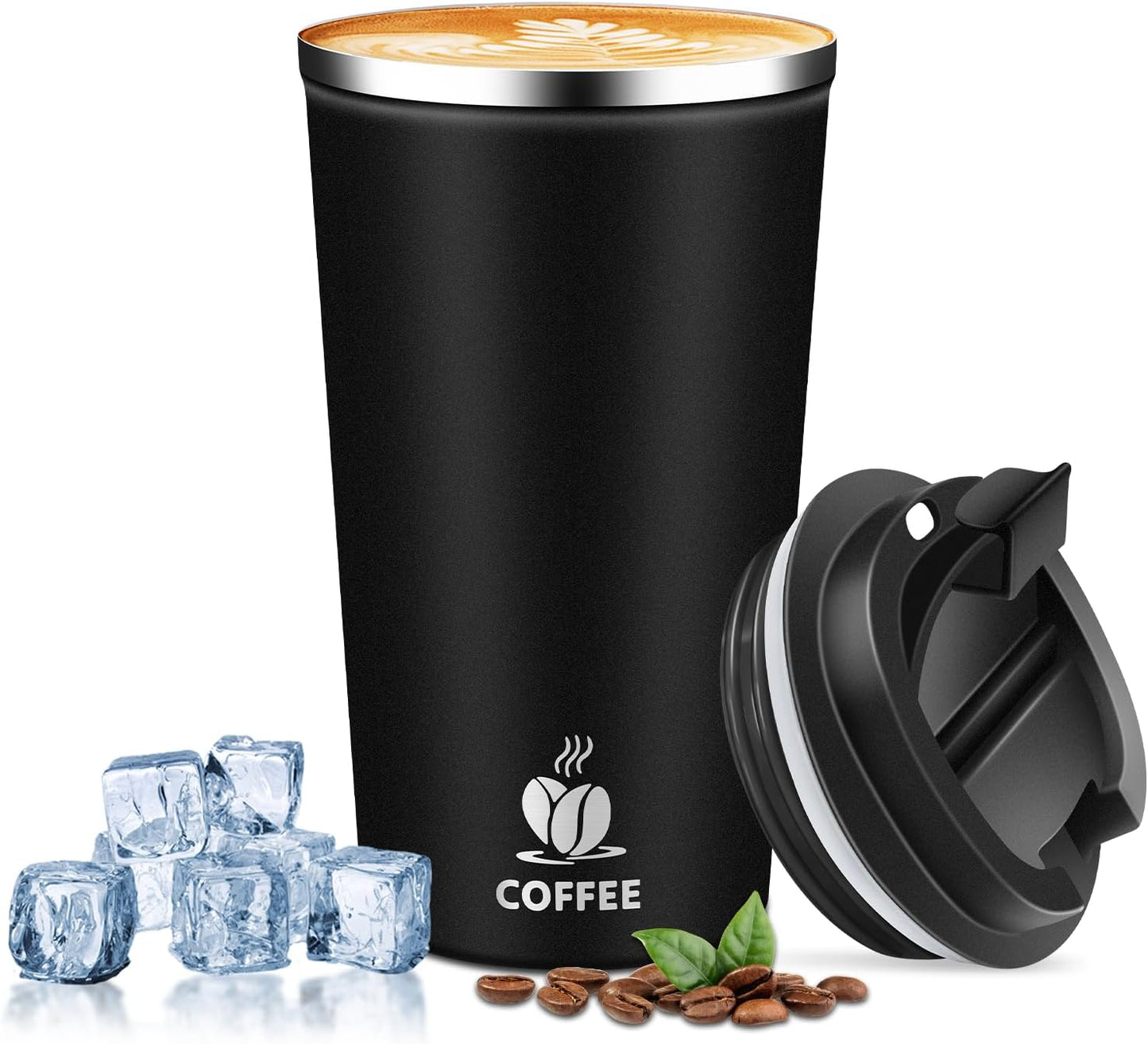 Insulated Travel Coffee Mug Reusable Coffee Tumbler Cup with Flip Lid Leak Proof Spill Proof for Office School Party Camping Hot and Cold Drink,Stainless Steel 17oz (Black)