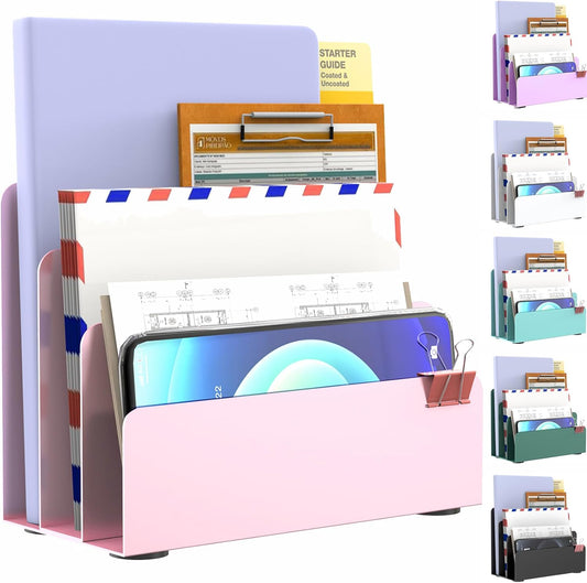 Mail Organizer Countertop, Small Desk File Organizer, Metal File Holder - Essential Workspace Organizers for Office Desk, Home Office (Pink)